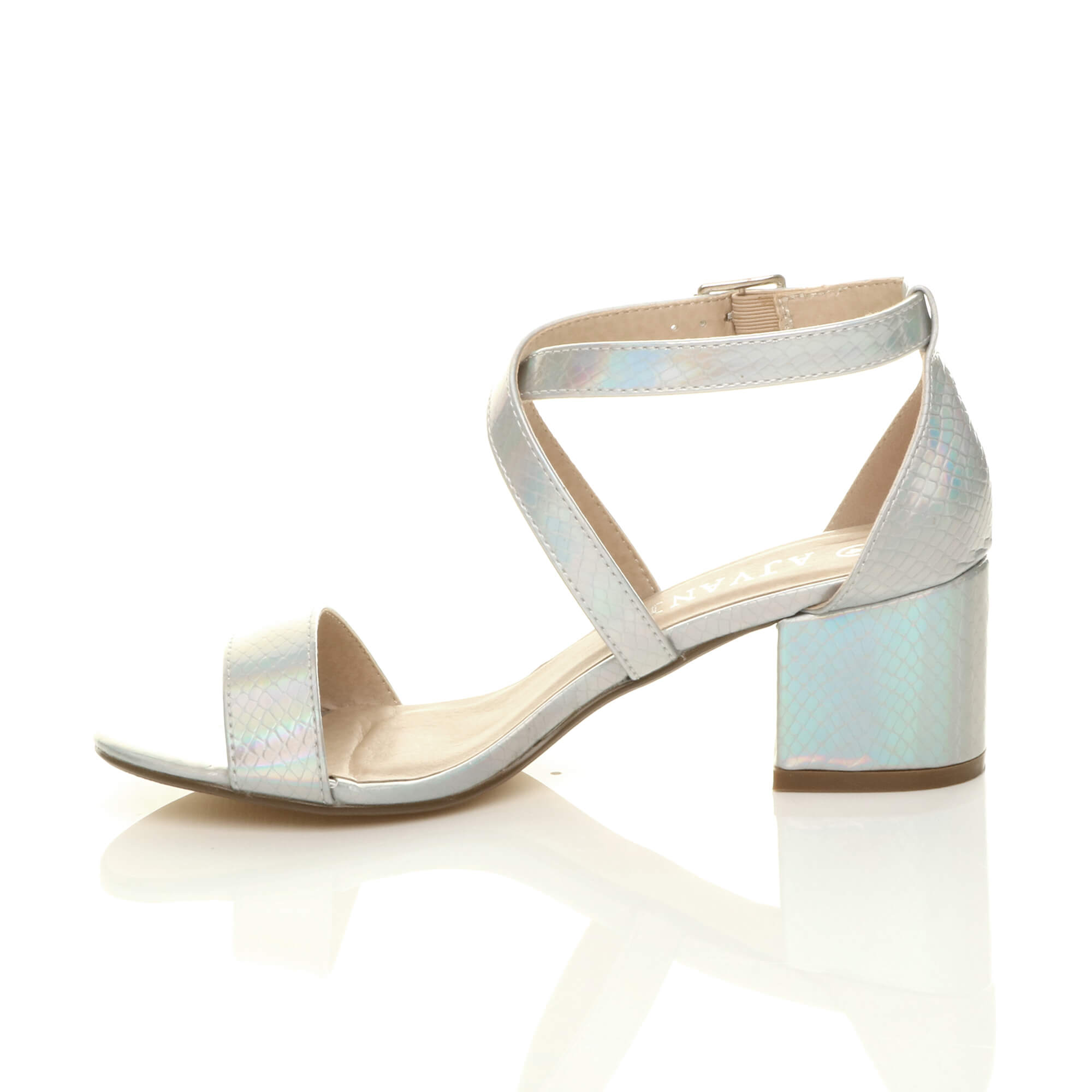 Silver Mid Block Heel Crossed Straps Sandals, Image 3 of 6