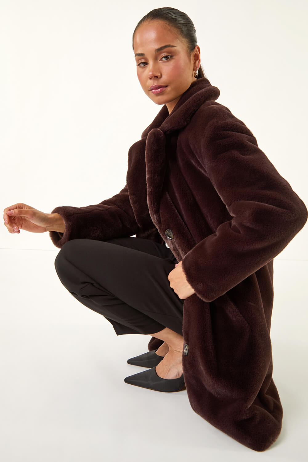 Chocolate Petite Longline Faux Fur Coat, Image 3 of 5