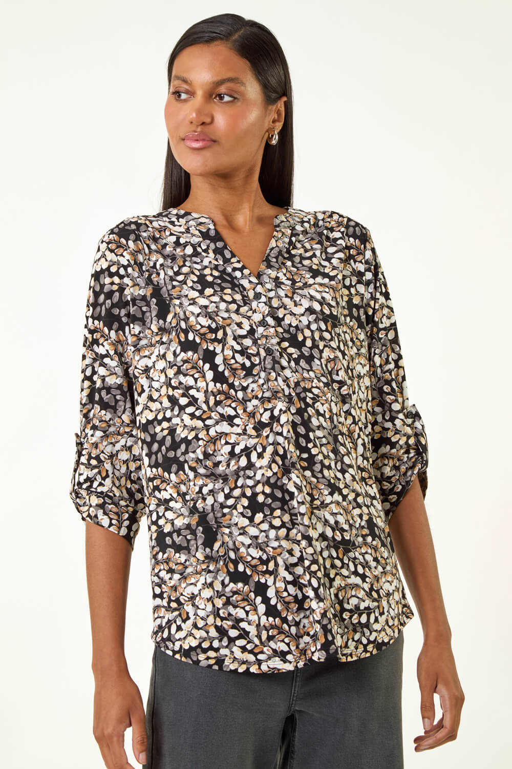 Beige Floral Puff Print Stretch Top , Image 5 of 5