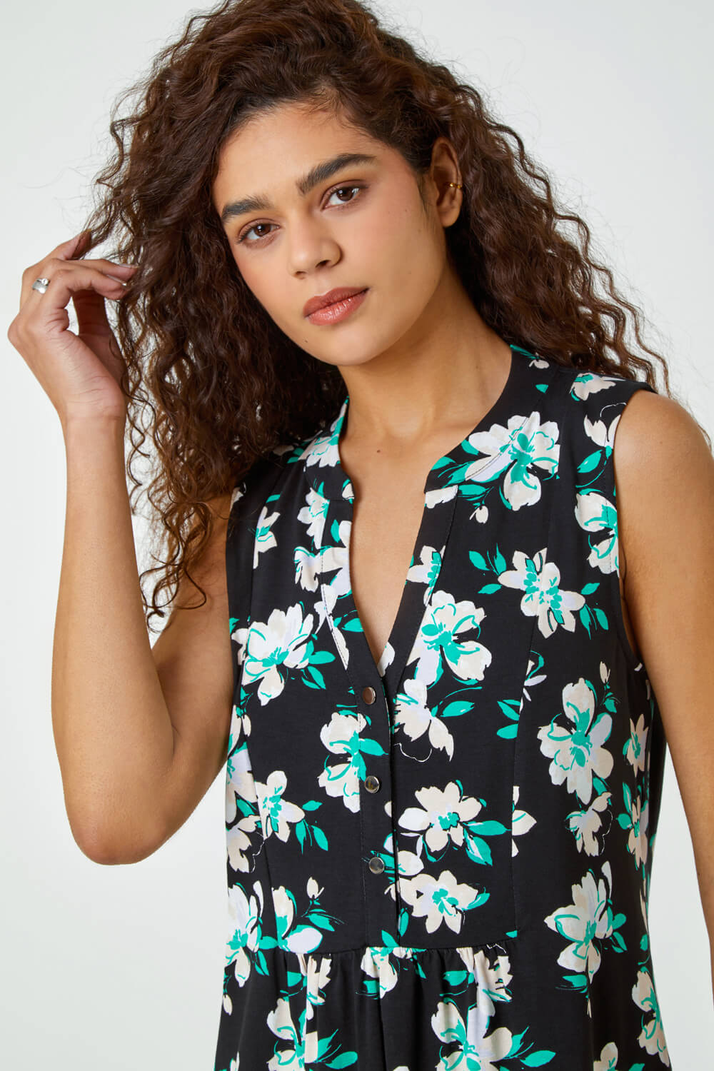 Green Sleeveless V-Neck Floral Print Smock Top, Image 5 of 5