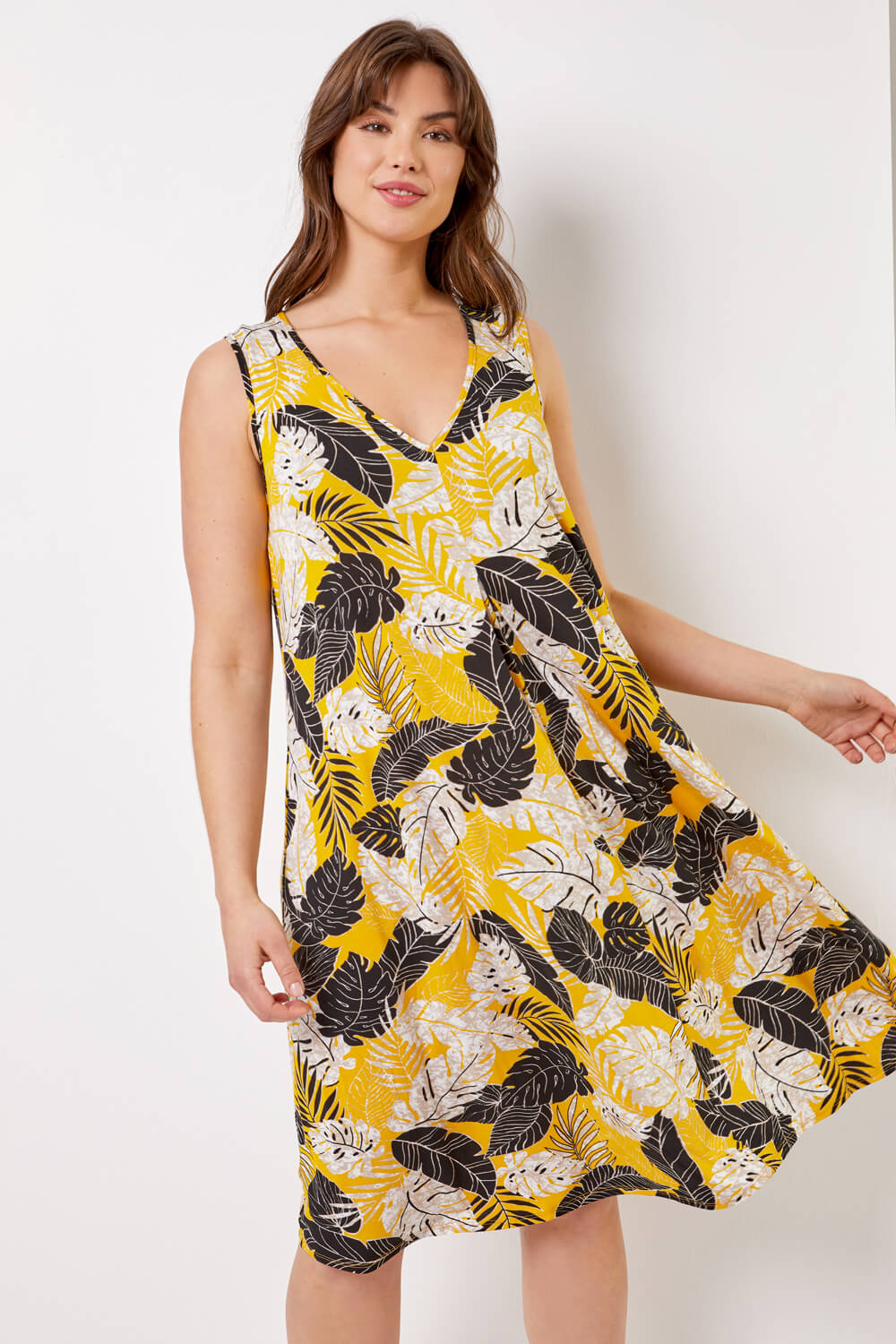 Ochre Curve Tropical Leaf Print Swing Dress, Image 1 of 4