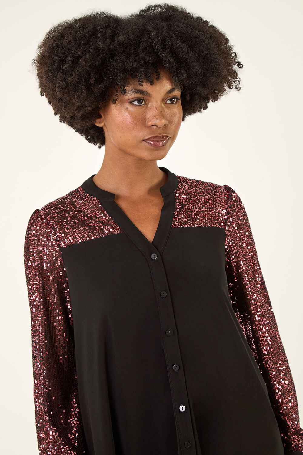 Roman Women's Rose Embellished Sequin Stretch Blouse Size 12
