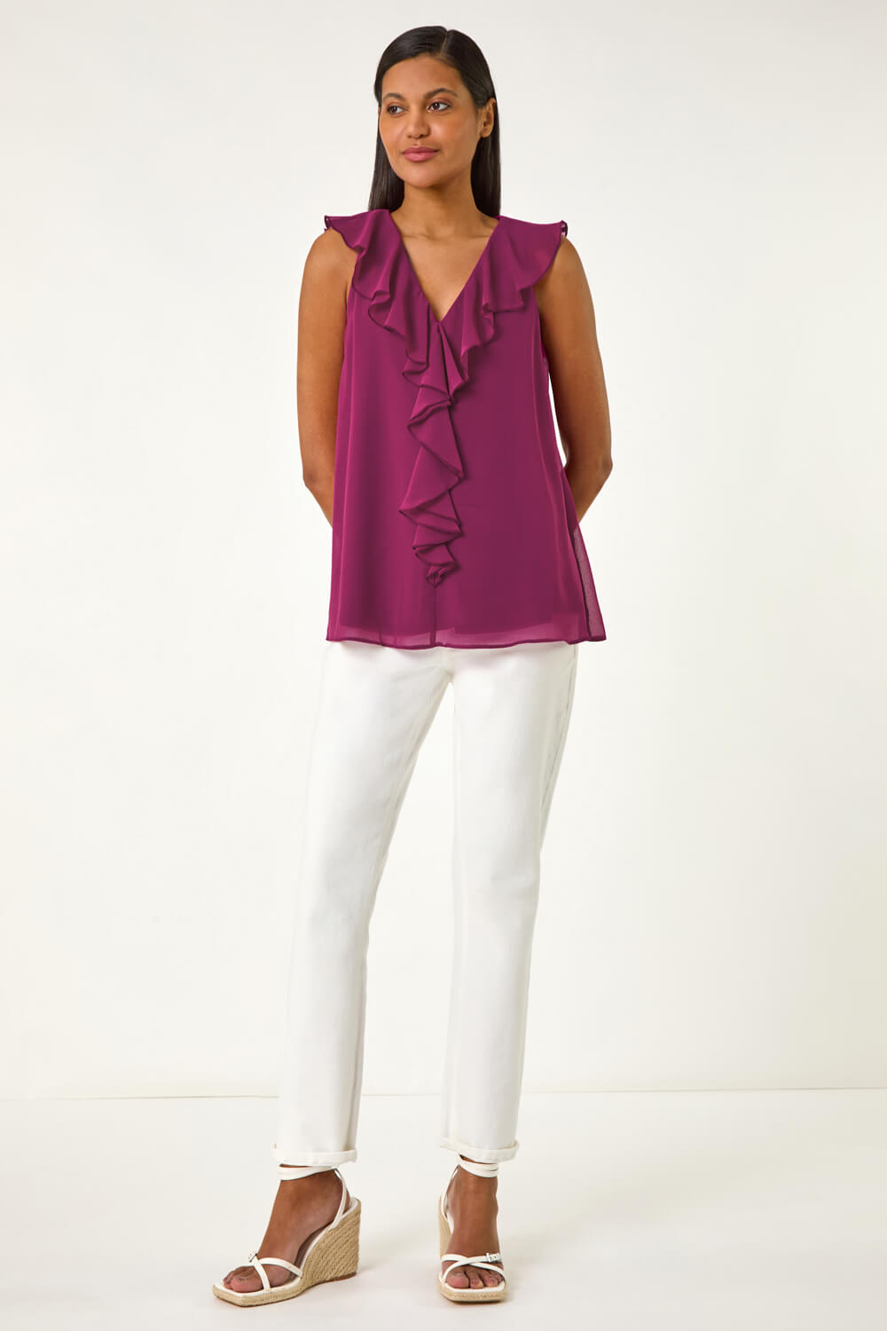 Roman Women's Magenta Chiffon Ruffle Vest Top - Size 16