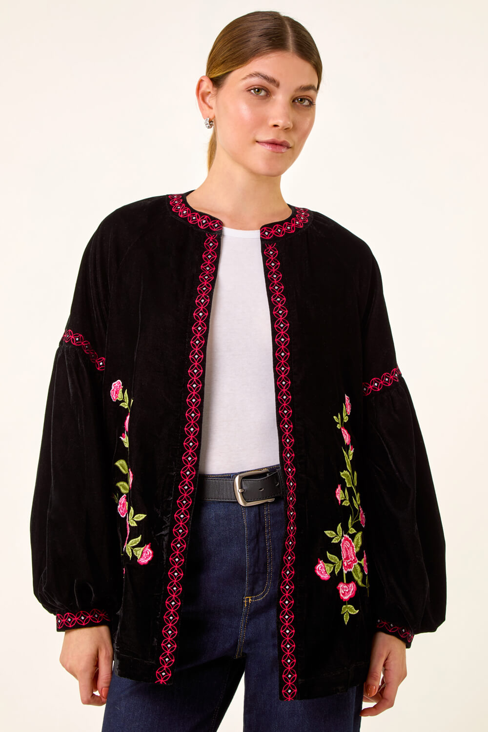Black Floral Embroidered Velvet Trophy Jacket, Image 5 of 7