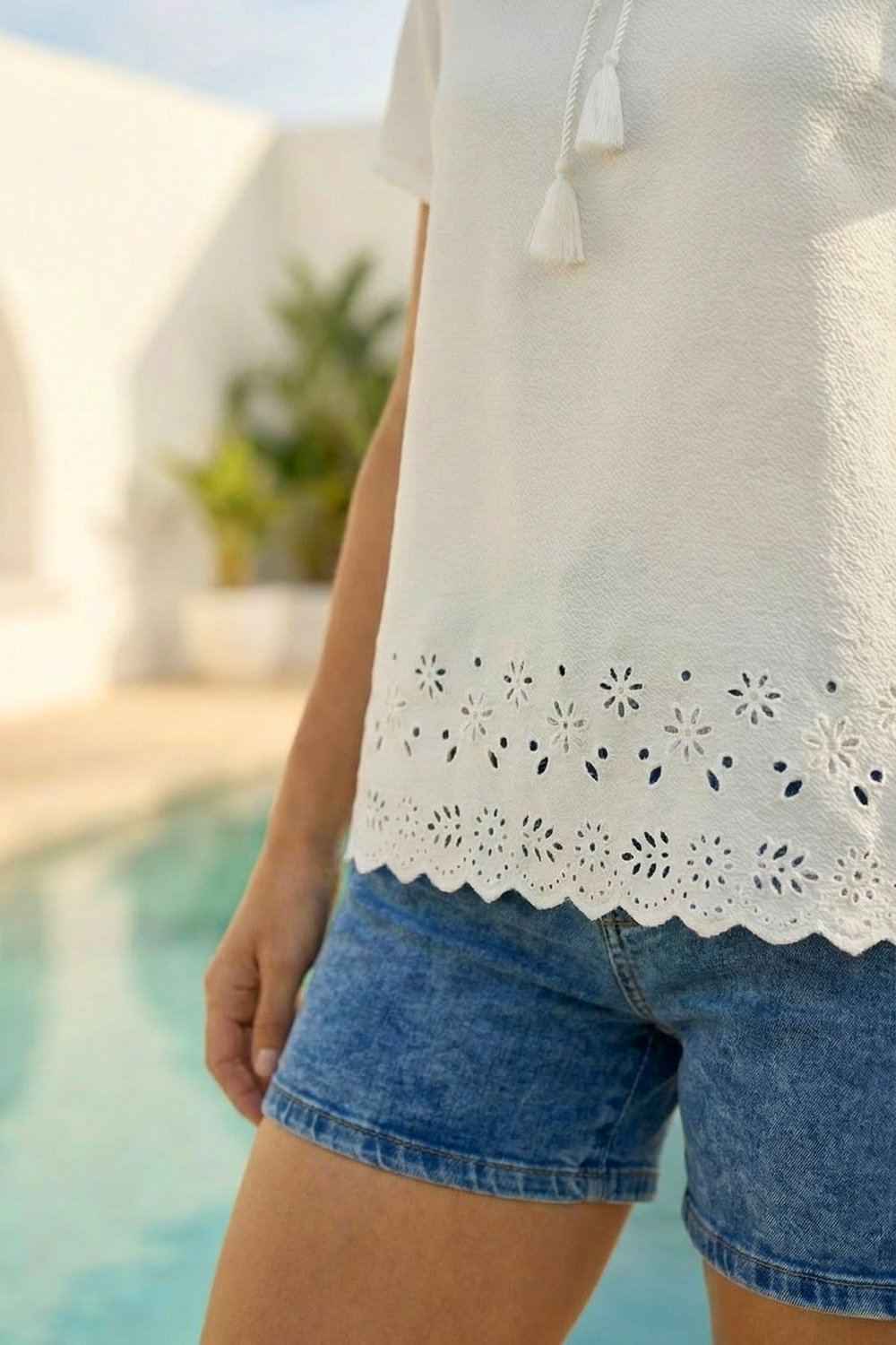 Ivory  Cut Out Hem Tie Front Top, Image 5 of 4