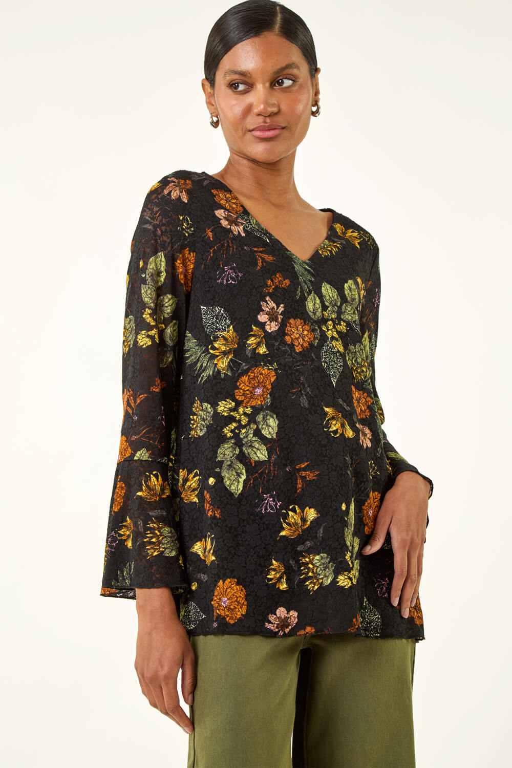 Black Floral Print V-Neck Stretch Lace Top, Image 5 of 5