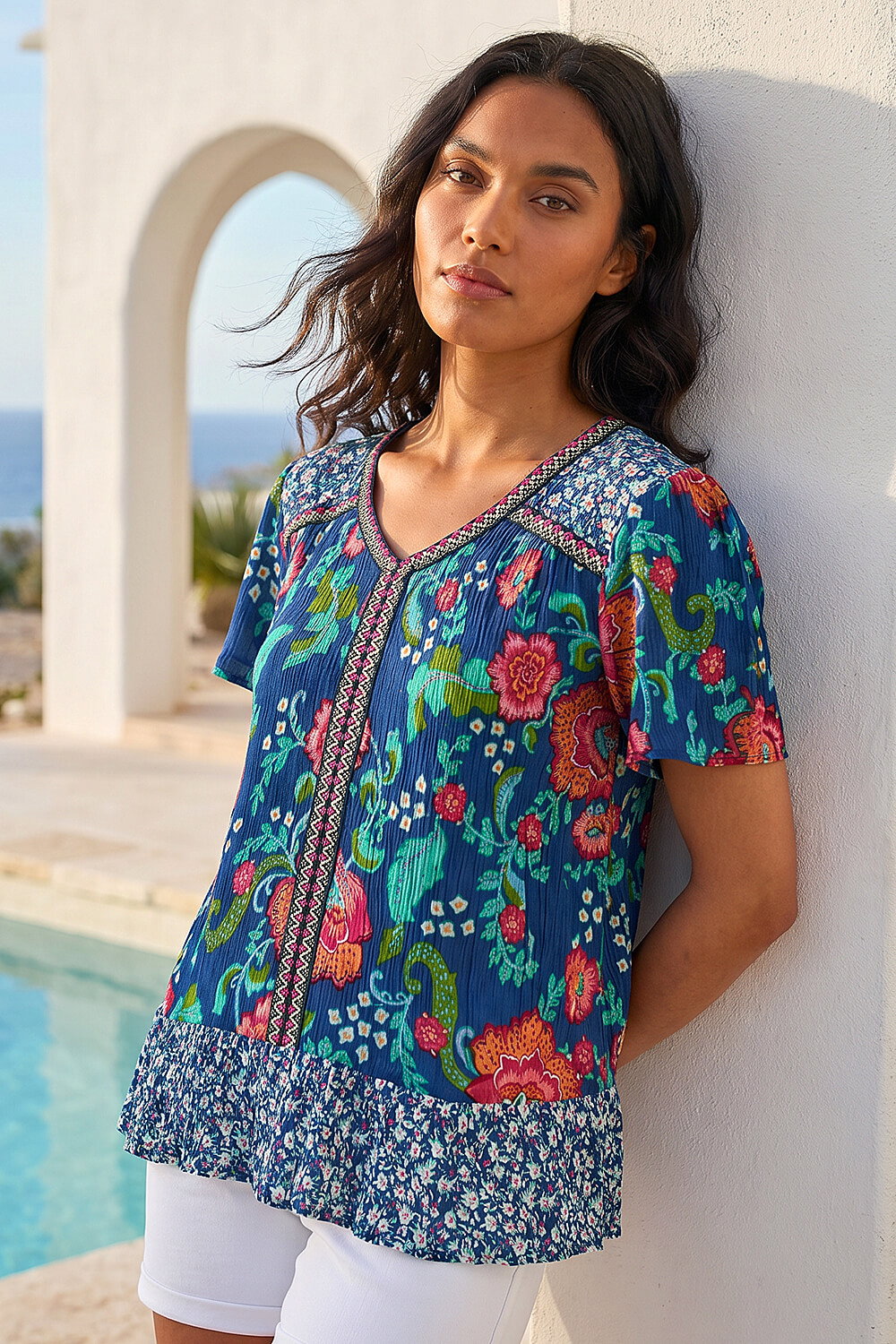 Roman Women's Royal Blue Floral Print Trim Detail Top Size 20