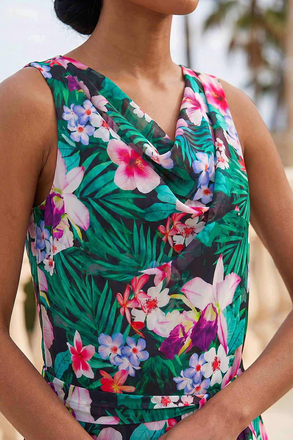 Teal Floral Print Chiffon Cowl Neck Dress, Image 5 of 4