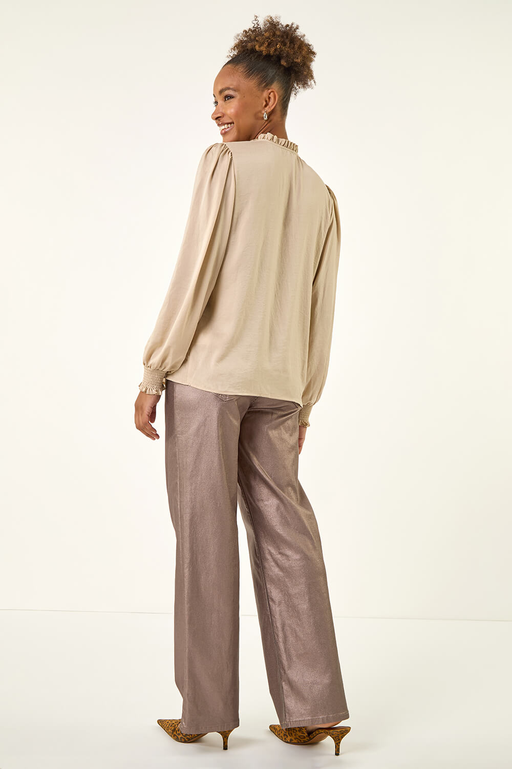 Stone Satin Pleated Tie Neck Top, Image 5 of 7