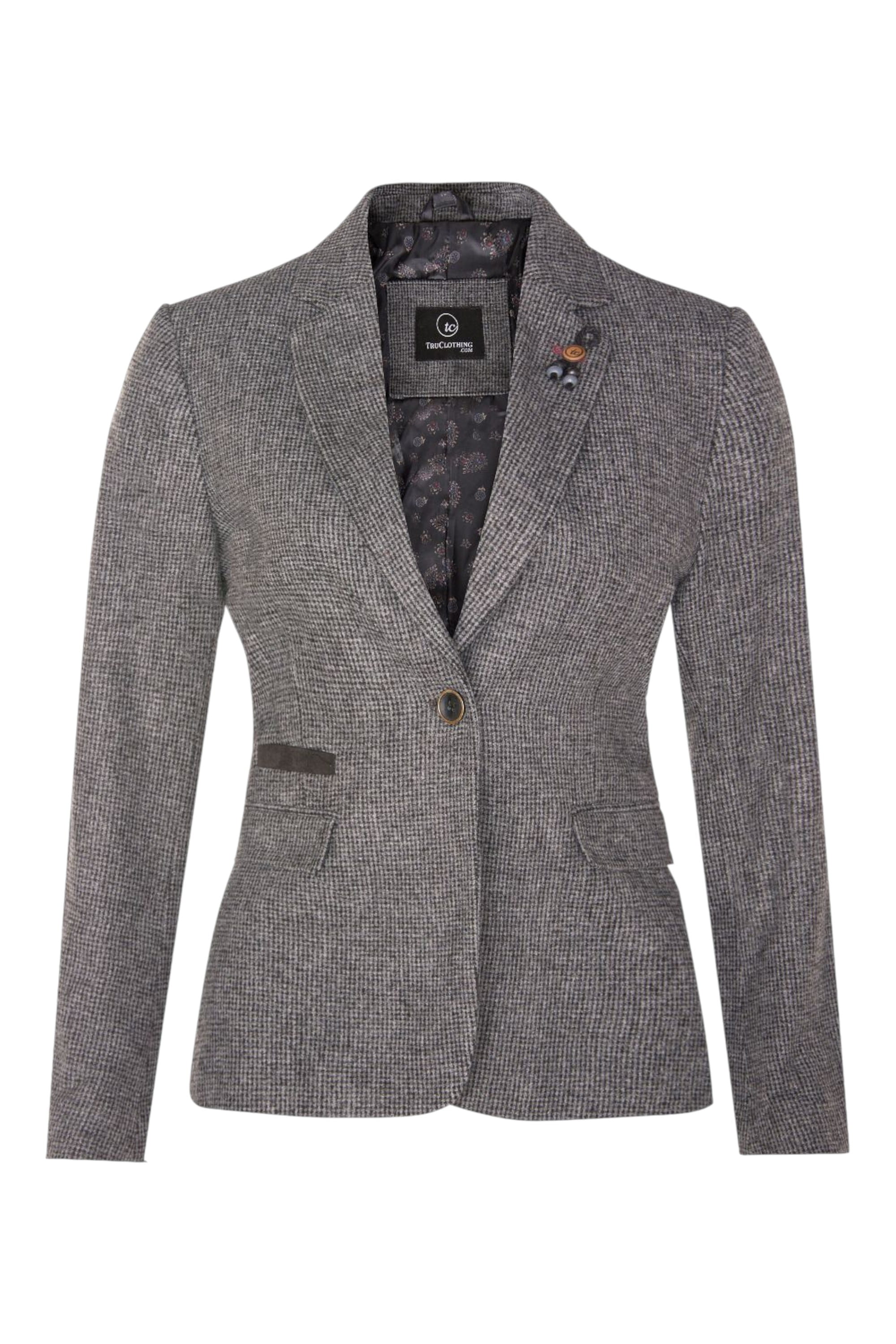 Grey Infinity Leather Grey Tweed 1920s Herringbone Grey Blazer, Image 1 of 6