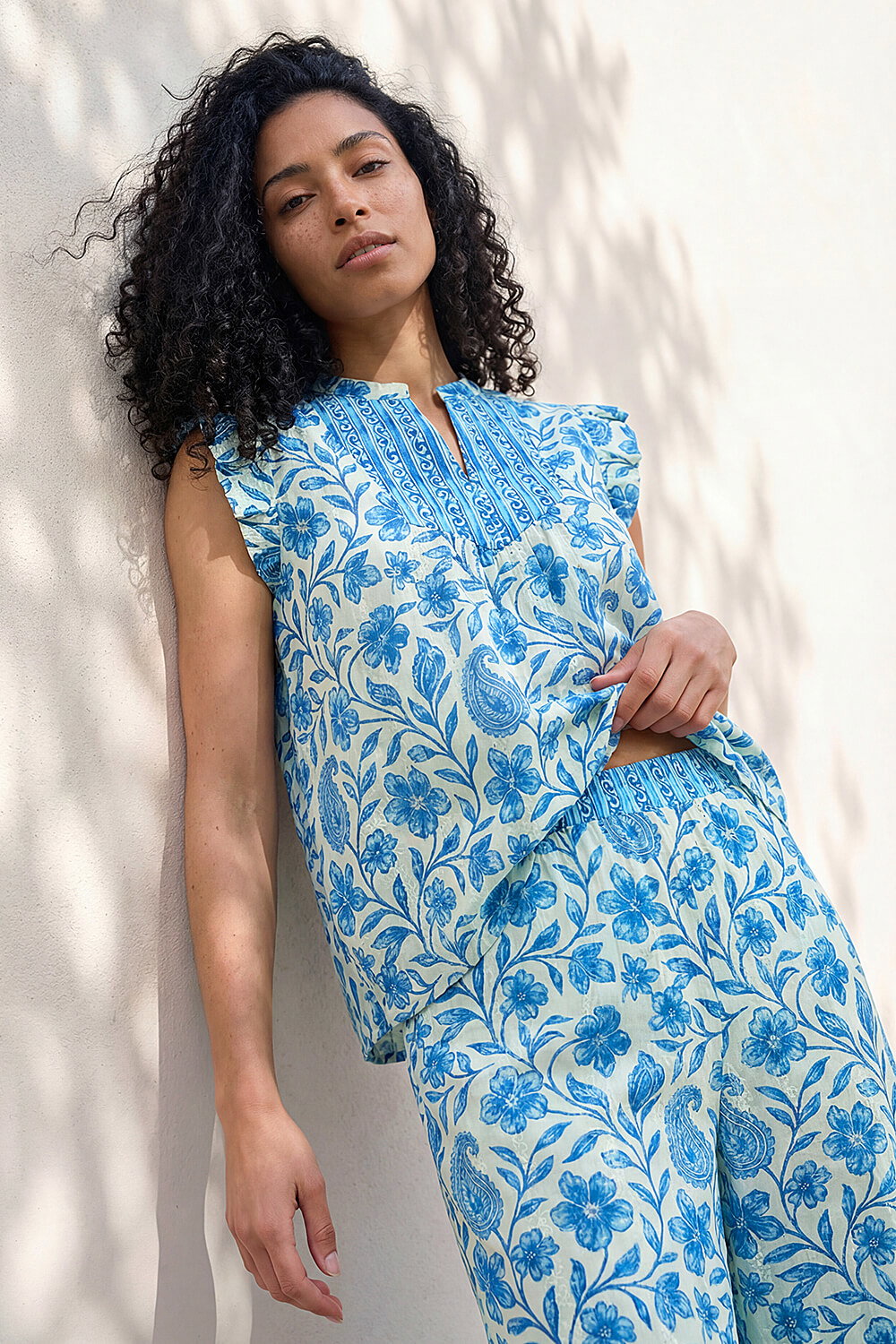 Blue Floral Contrast Frill Top, Image 5 of 5