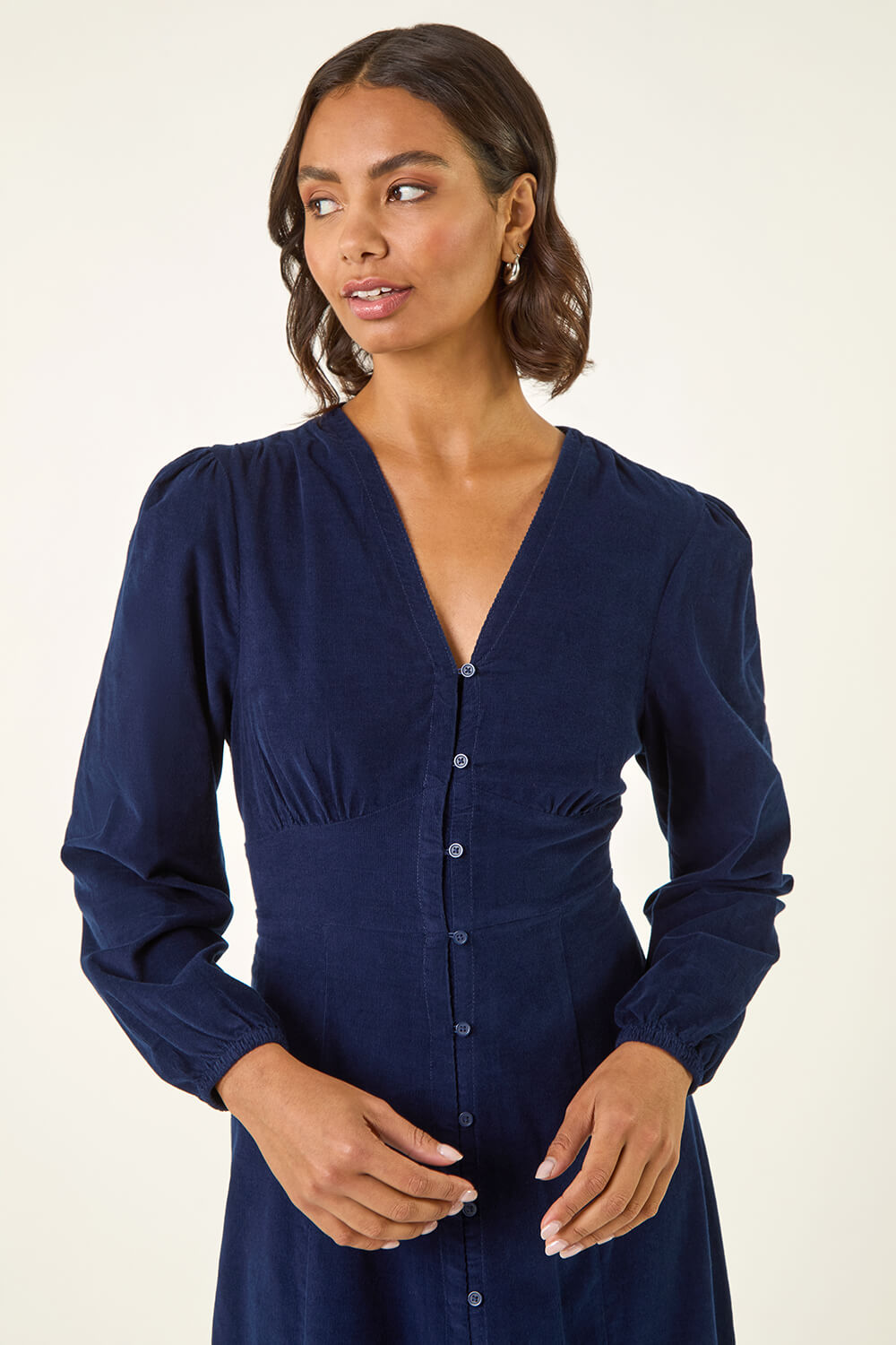 Navy Corduroy Button Down Midi Dress, Image 5 of 5