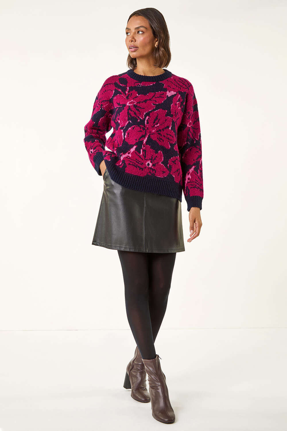 Roman Women's Maroon Floral Print Knit Jumper Size 20