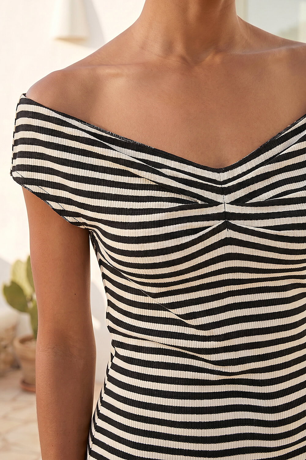 Black Stripe Bardot Knit Midi Stretch Dress, Image 5 of 4