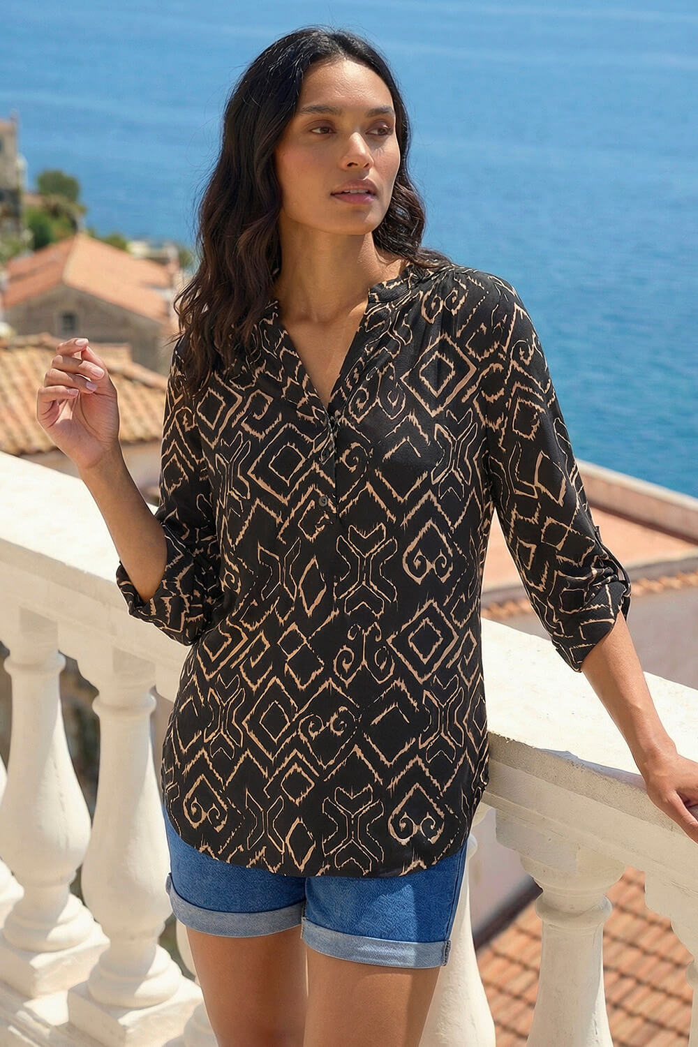 Black Abstract Print Stretch Jersey Shirt, Image 1 of 4