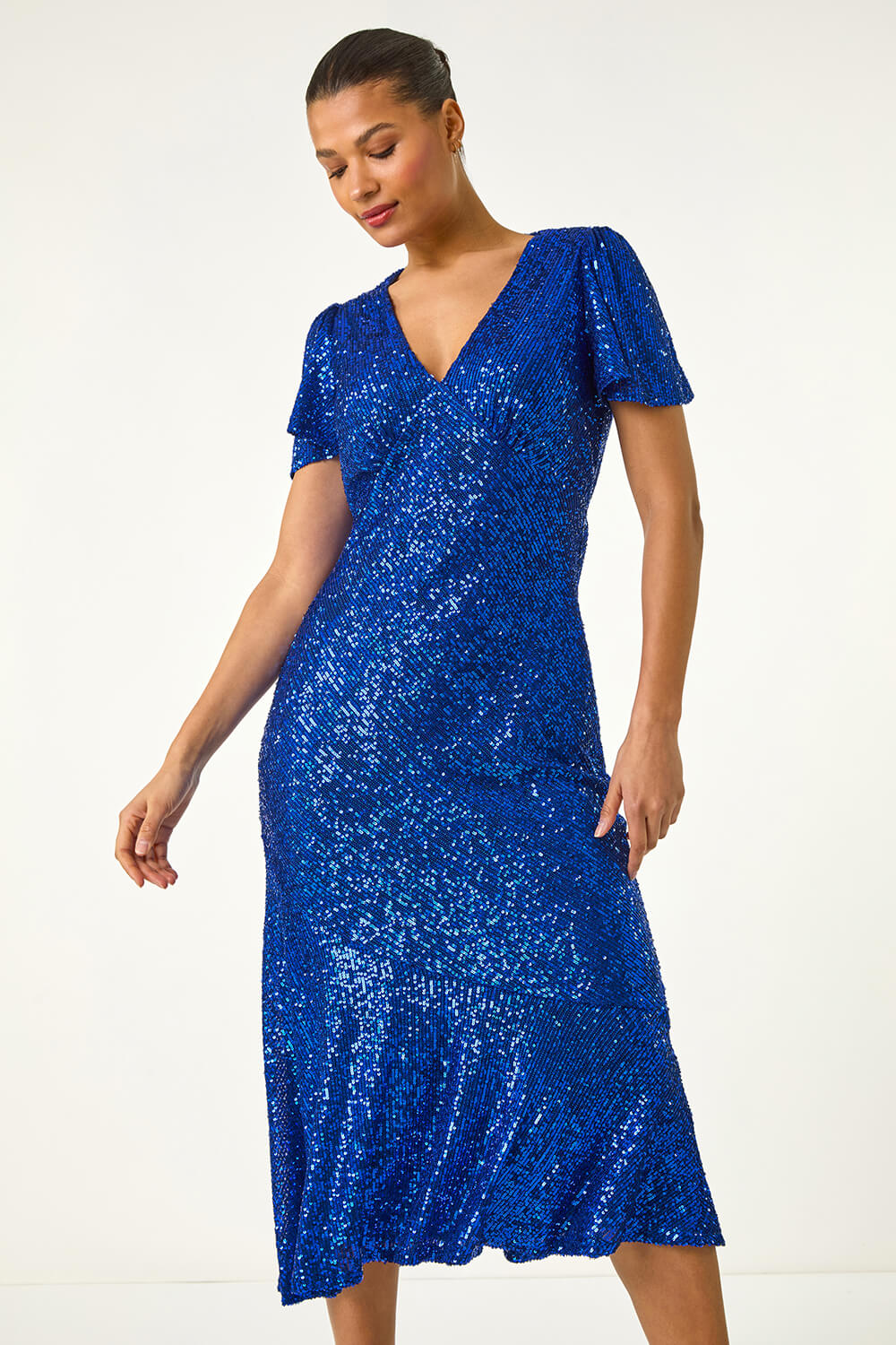 Royal Blue Sequin V-Neck Stretch Midi Dress , Image 3 of 5