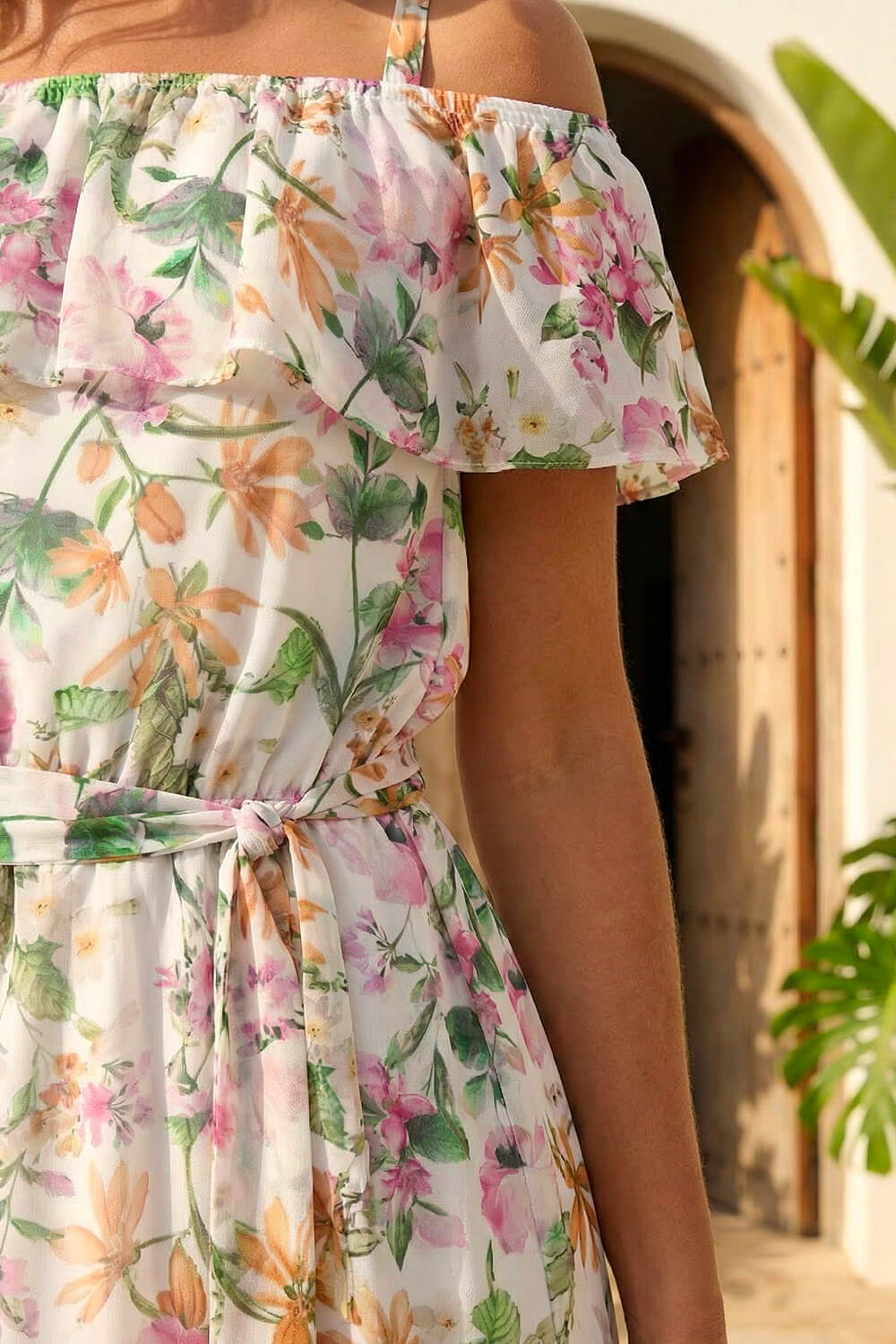 Cream Floral Print Bardot Midi Dress, Image 5 of 4