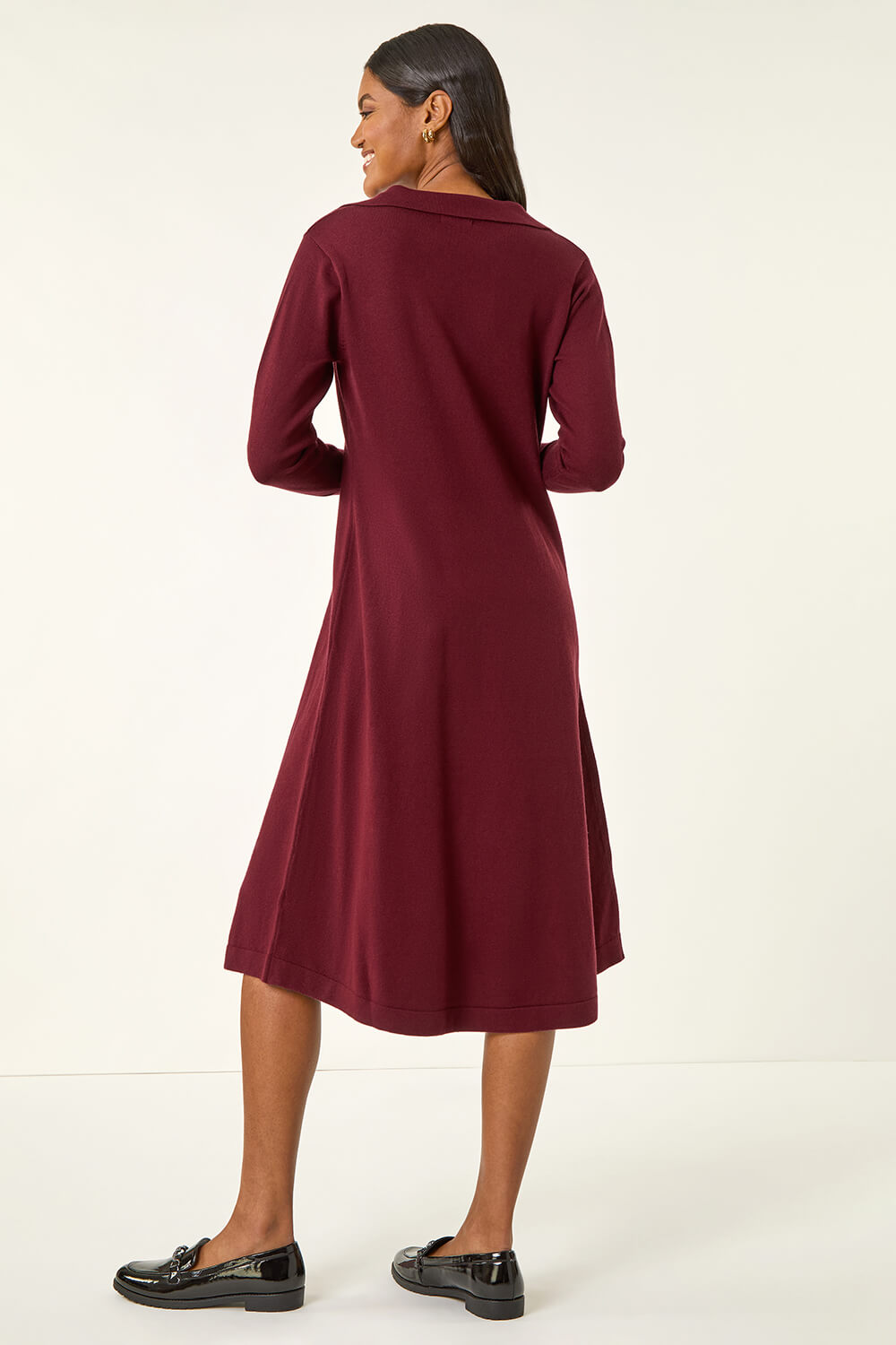 Wine Scallop Detail Knitted Midi Dress, Image 4 of 5