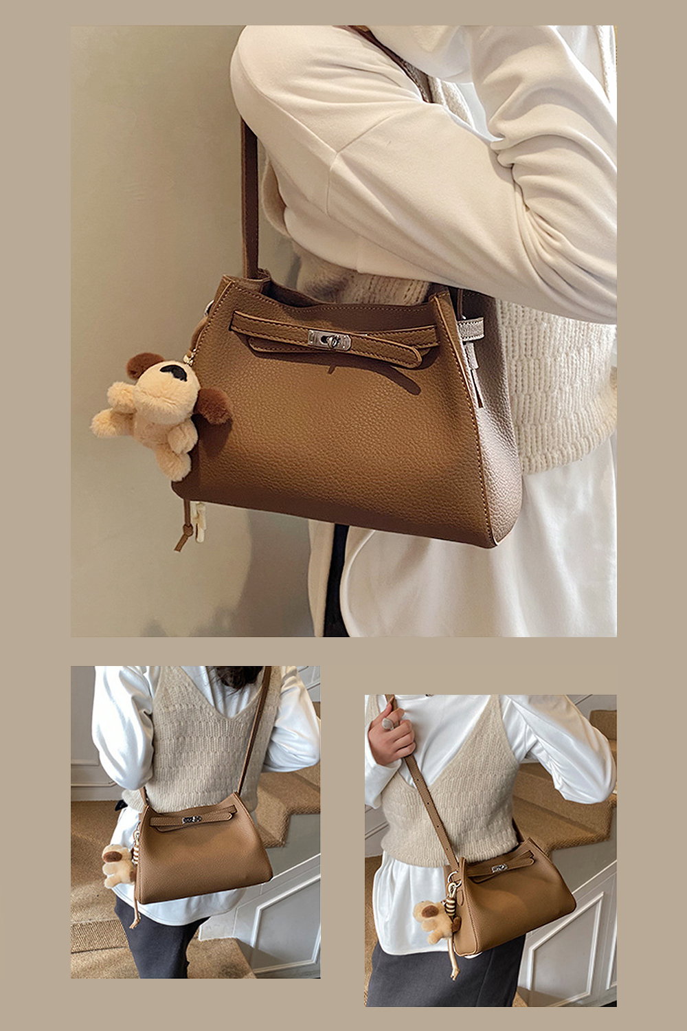 Tan XY LONDON Tan 'Lux' Women's Belted Shoulder Tote Bag With Charm, Image 1 of 1