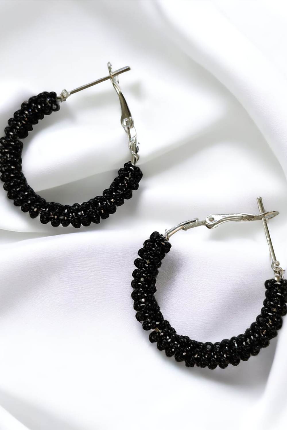Black Large Bead Braided Boho Huggie Earrings, Image 2 of 6