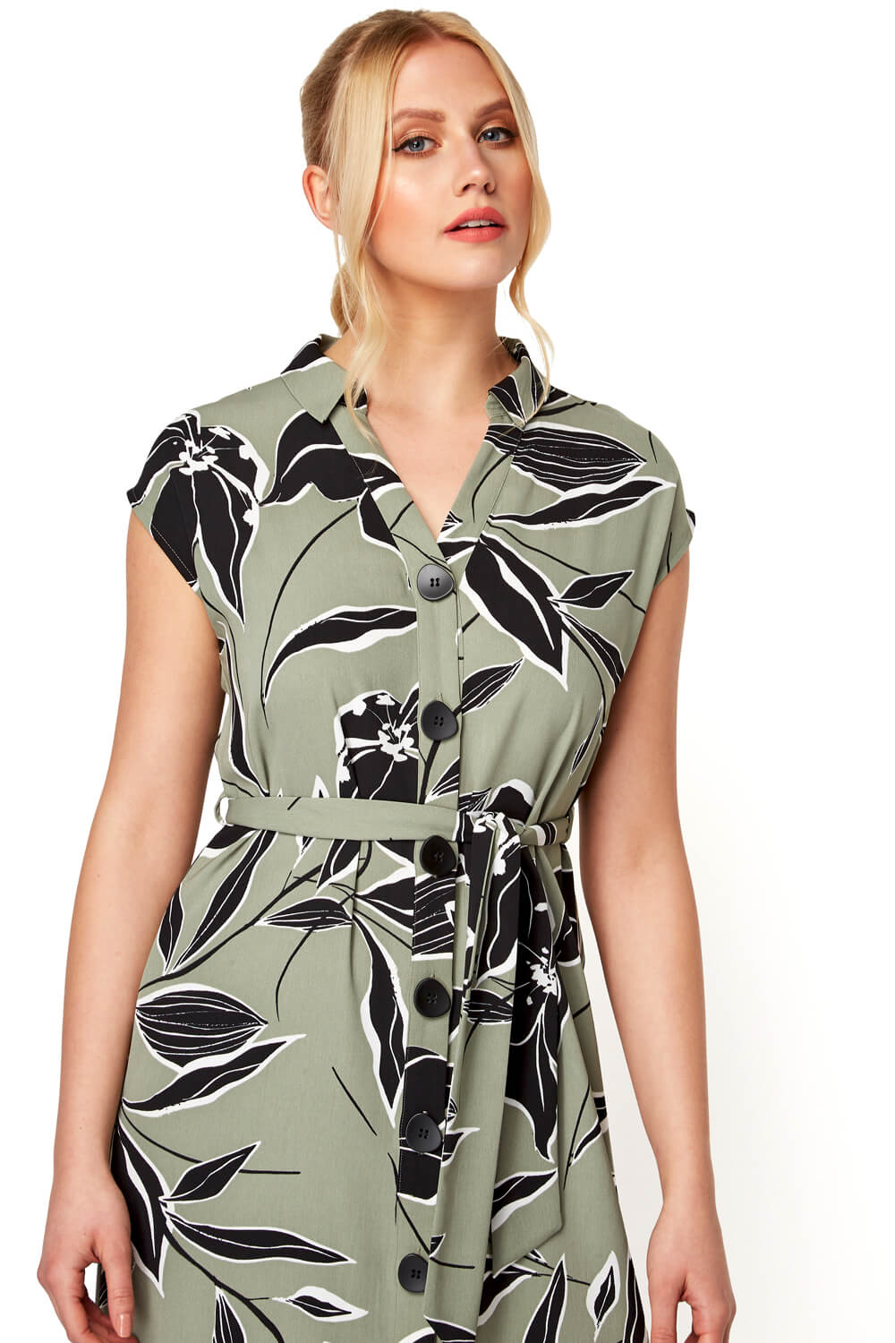 Khaki Floral Belted Shirt Midi Dress, Image 5 of 5