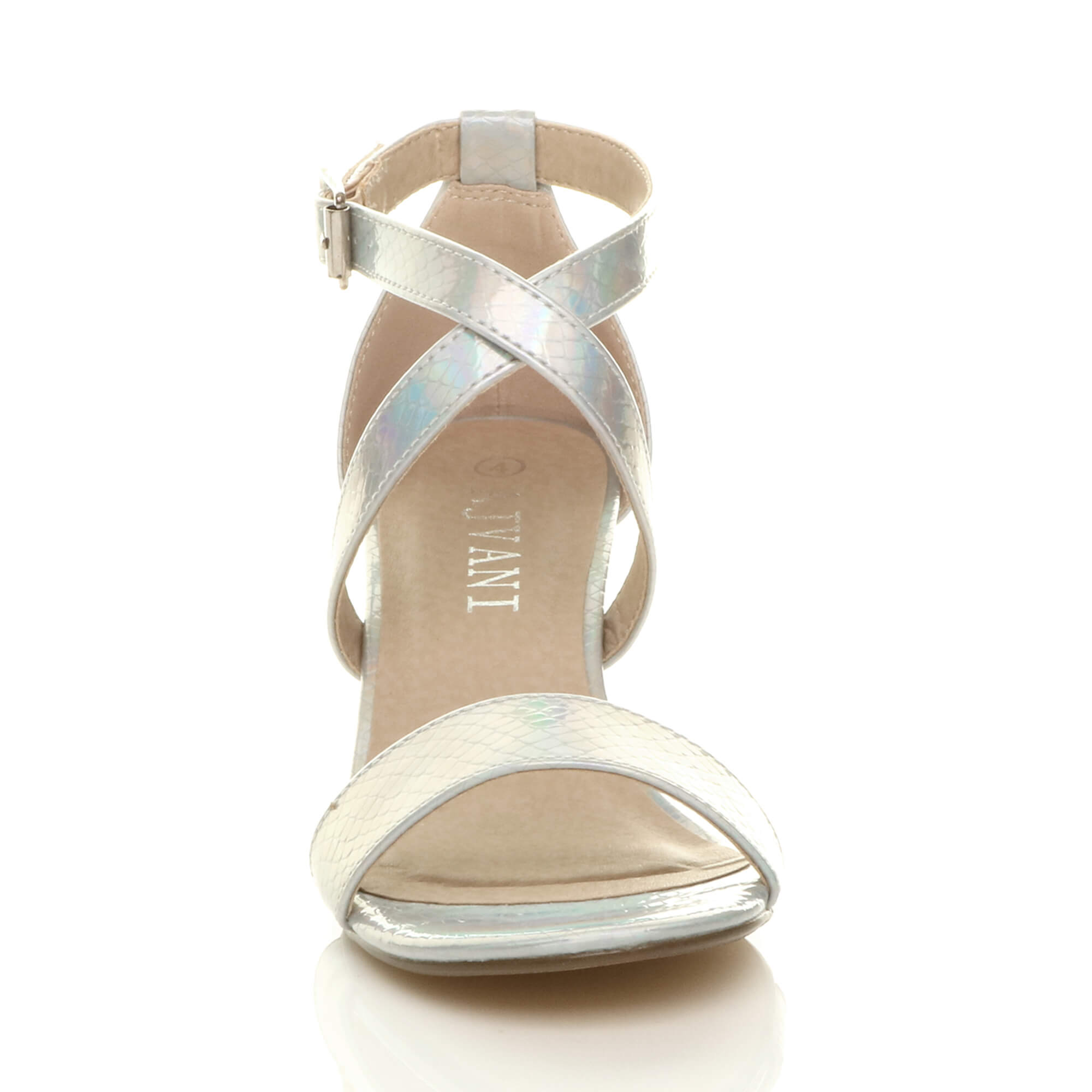 Silver Mid Block Heel Crossed Straps Sandals, Image 6 of 6