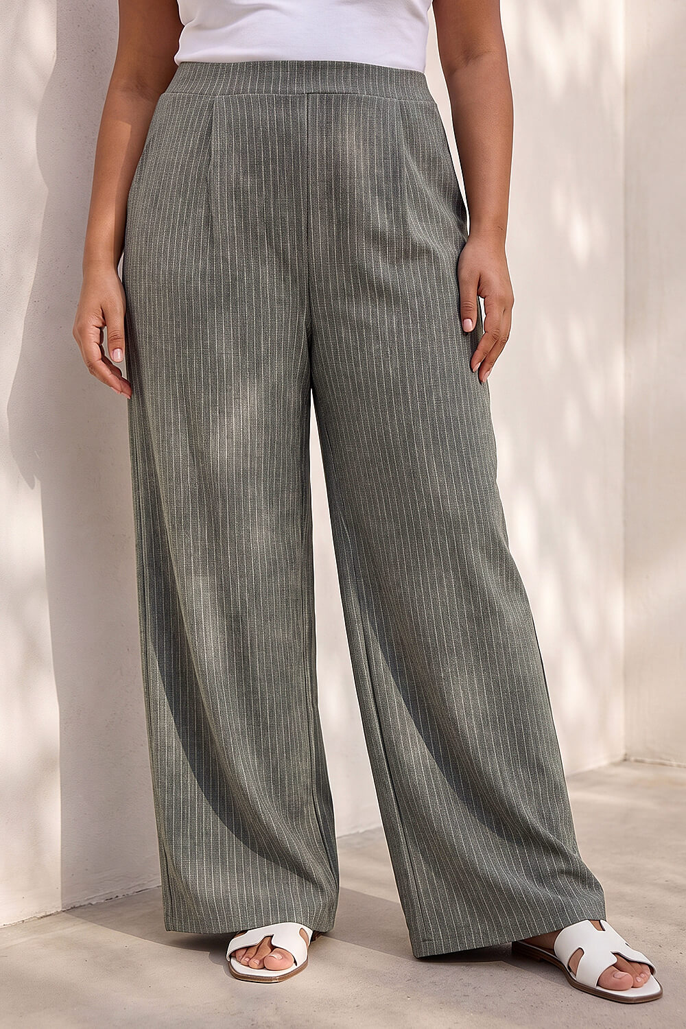 Dark Grey Curve Pinstripe Elastic Waist Trouser , Image 1 of 4