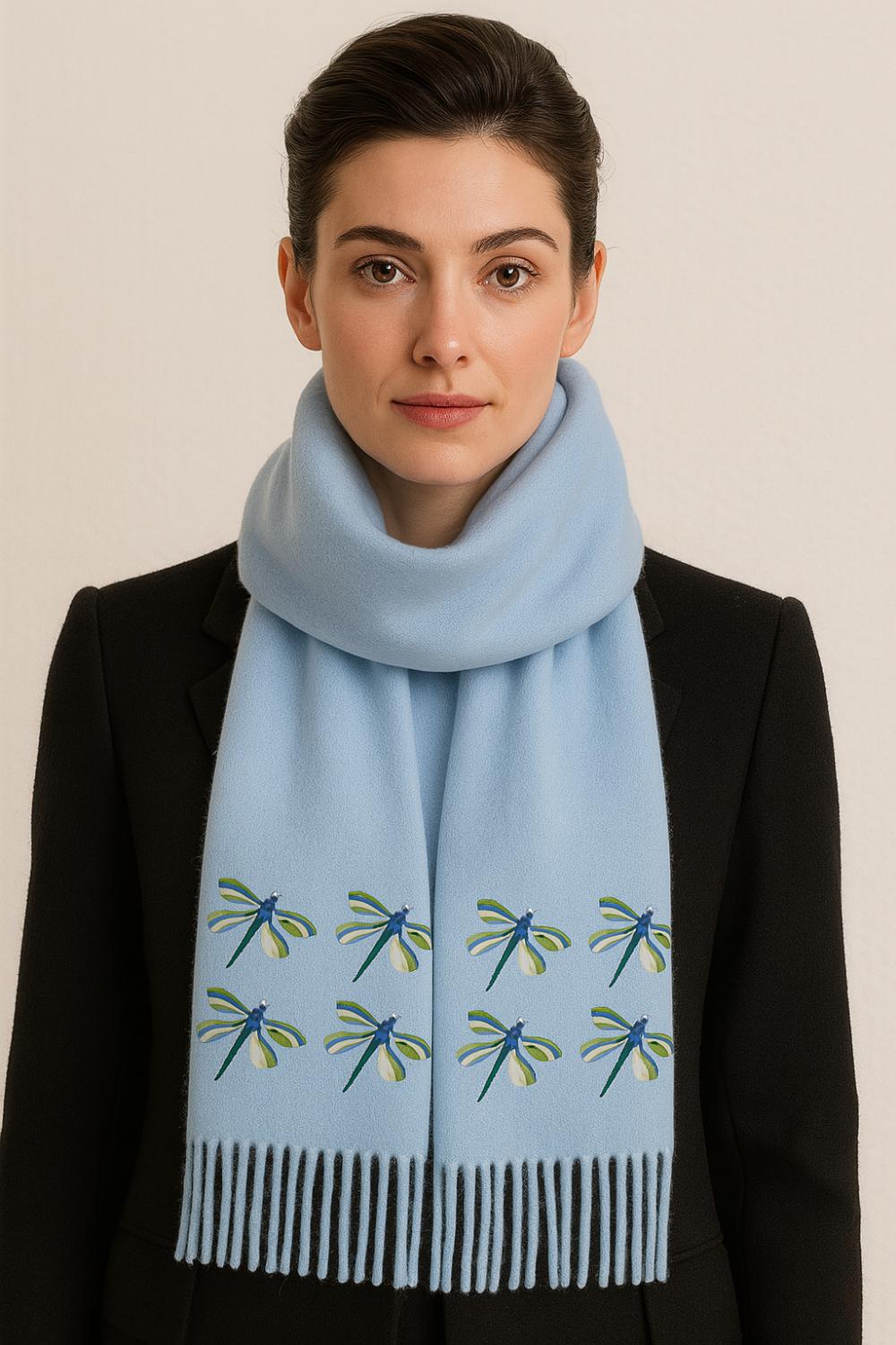 Blue Cashmere Feel Luxury Scarf Handprinted With Dragonflies
