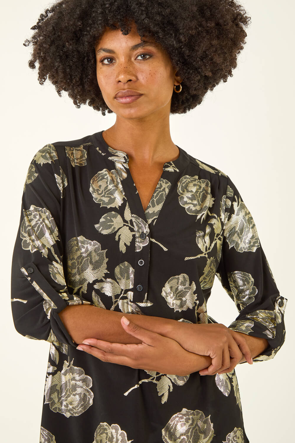 Gold Floral Foil Print Shirt, Image 1 of 5
