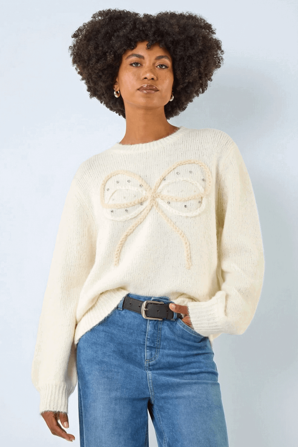 Ivory Faux Pearl Bow Knit Crew Jumper, Image 5 of 5
