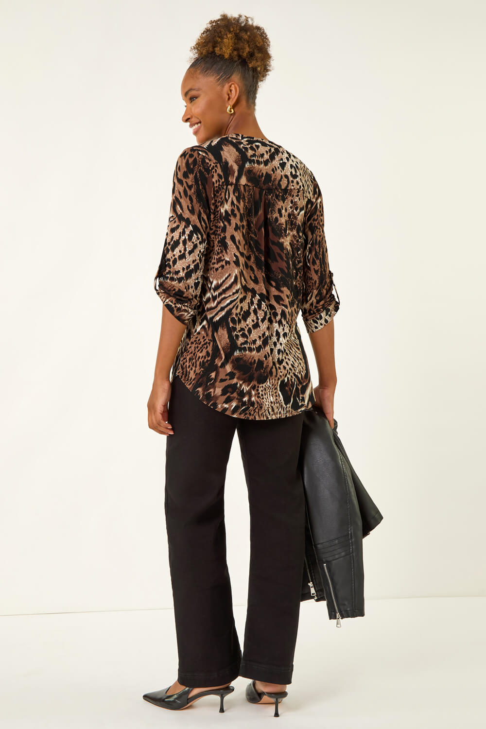 Brown Animal Puff Print Stretch Top, Image 4 of 5