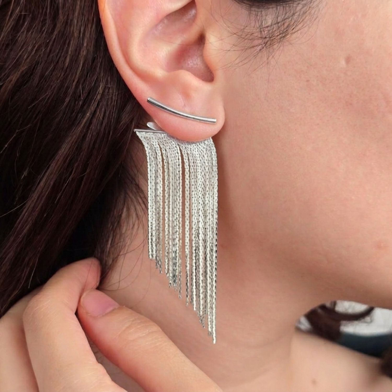 Gold Statement Silver Waterfall Party Tassel Earrings, Image 3 of 4