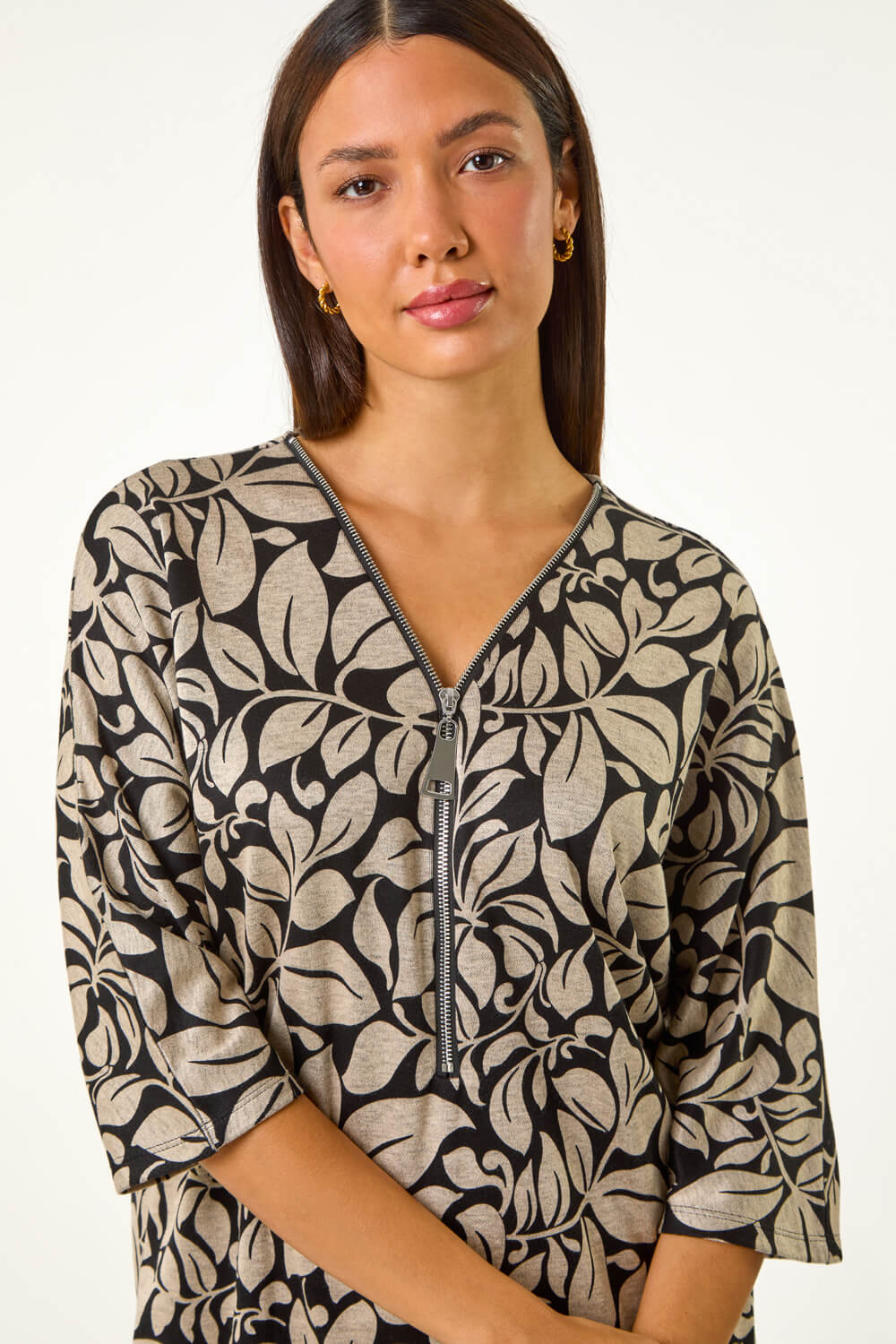 Stone Leaf Print Front Zip Stretch Top, Image 1 of 5