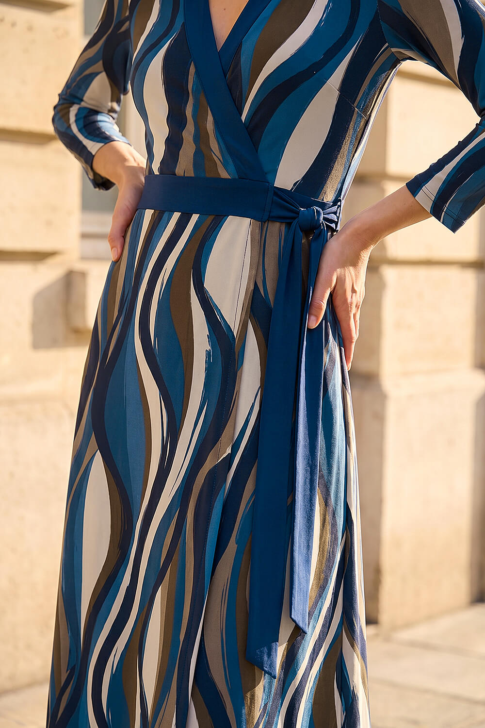 Navy Abstract Wrap Midi Dress, Image 5 of 4