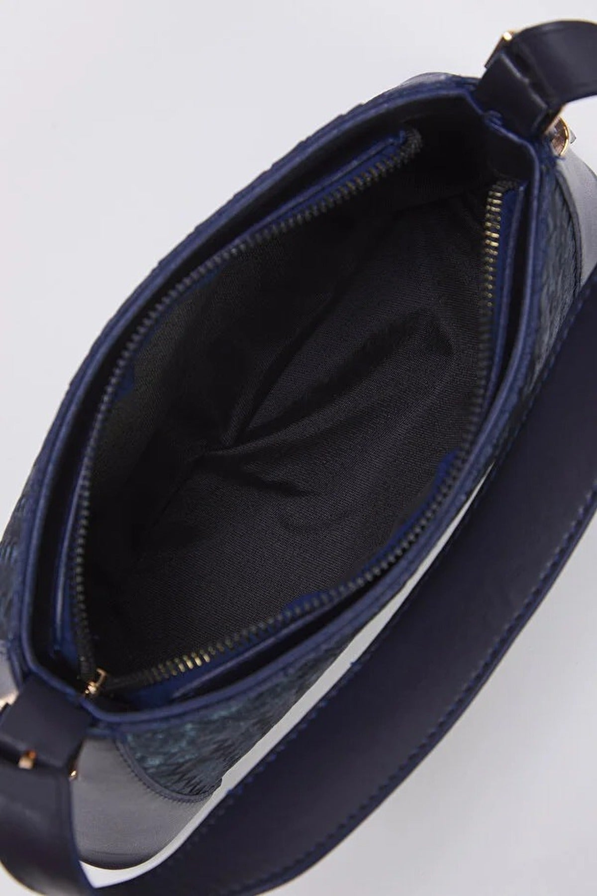 Navy WOVCOR Navy Woven Panel Shoulder Bag with Gold Hardware, Image 3 of 4