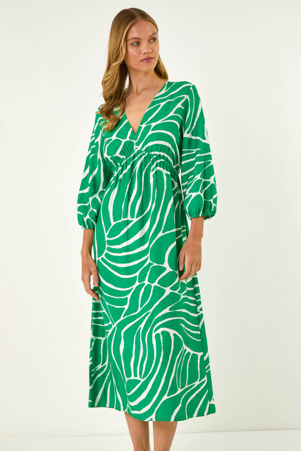 Roman Women's Green Abstract Geometric Midi Dress Size 12