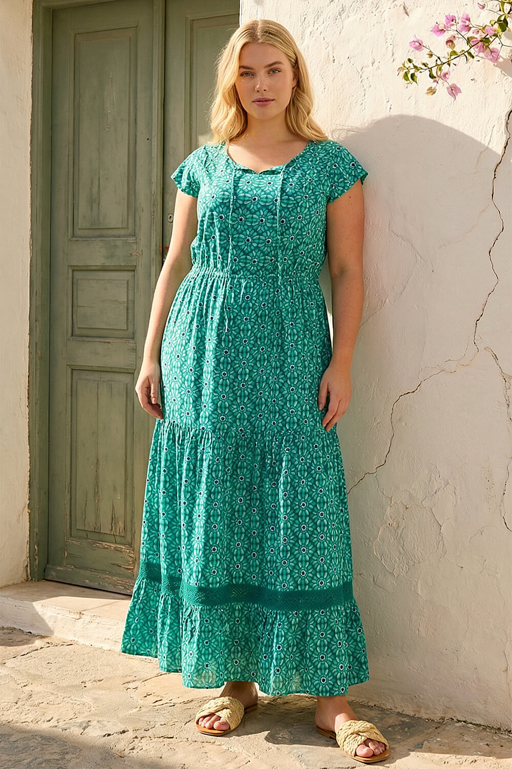 Turquoise Curve Floral Print Swing Midi Dress, Image 3 of 4