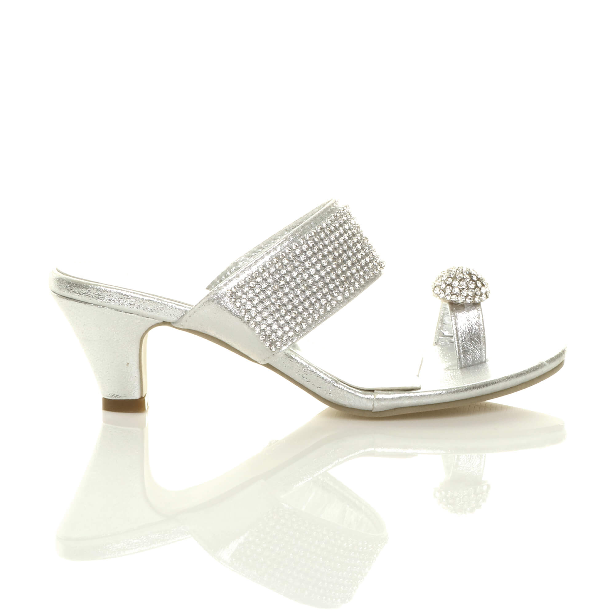 Silver AJVANI Silver Mid Heel Diamante Toe Ring Sandals, Image 2 of 5
