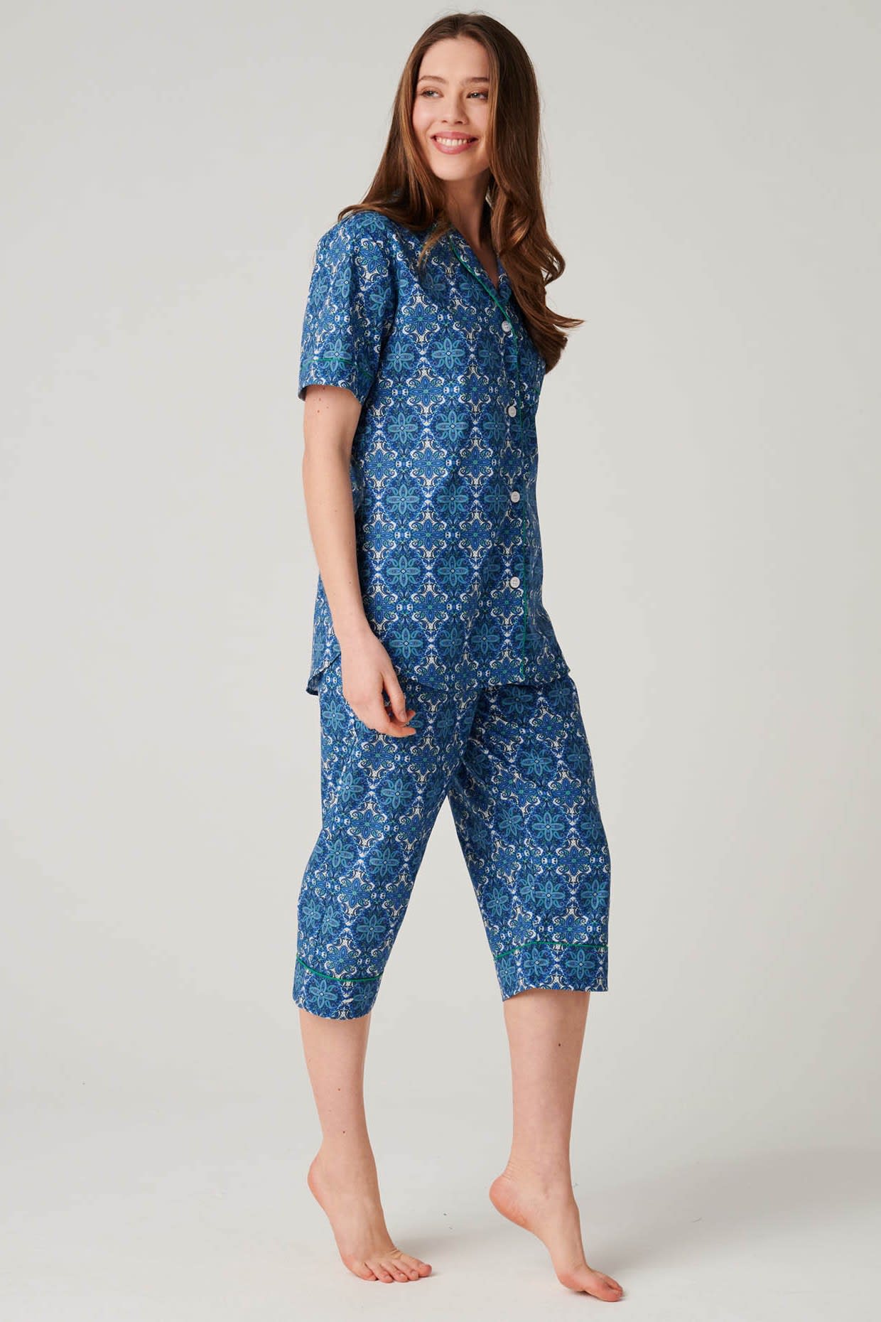 Royal Blue "Marrakesh" Paisley Crisp Cotton 3/4 Length Pyjama Set, Image 2 of 3