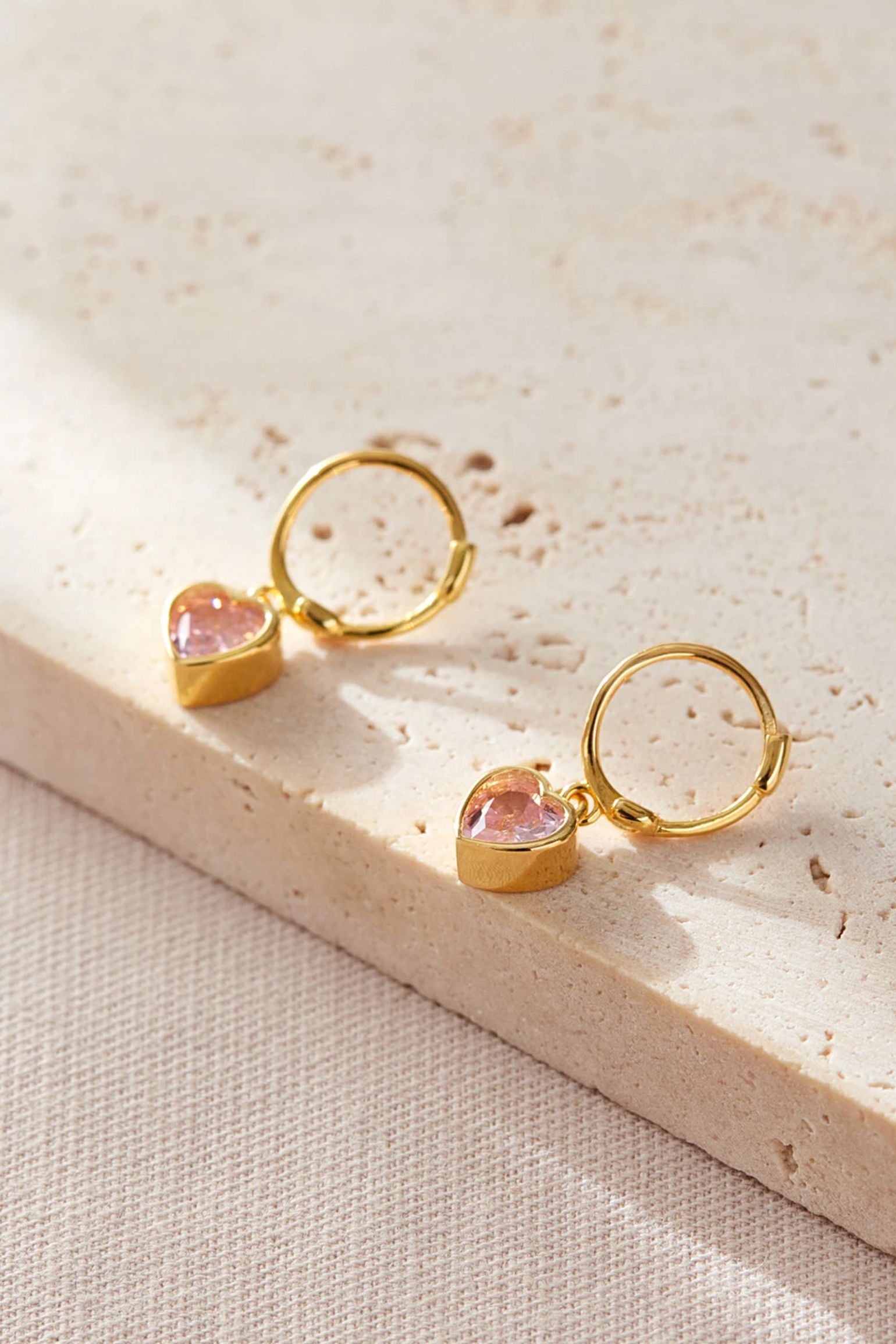 Light Pink Gold CZ Heart Huggie Hoops, Image 1 of 2