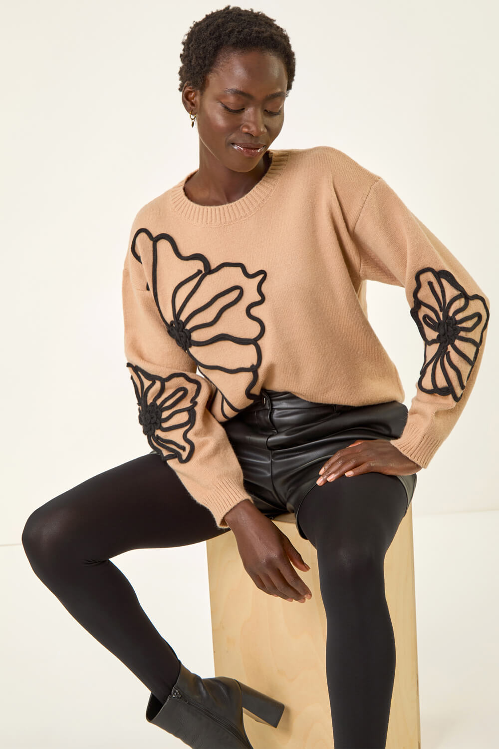 Camel  Cornelli Floral Knit Jumper, Image 3 of 5