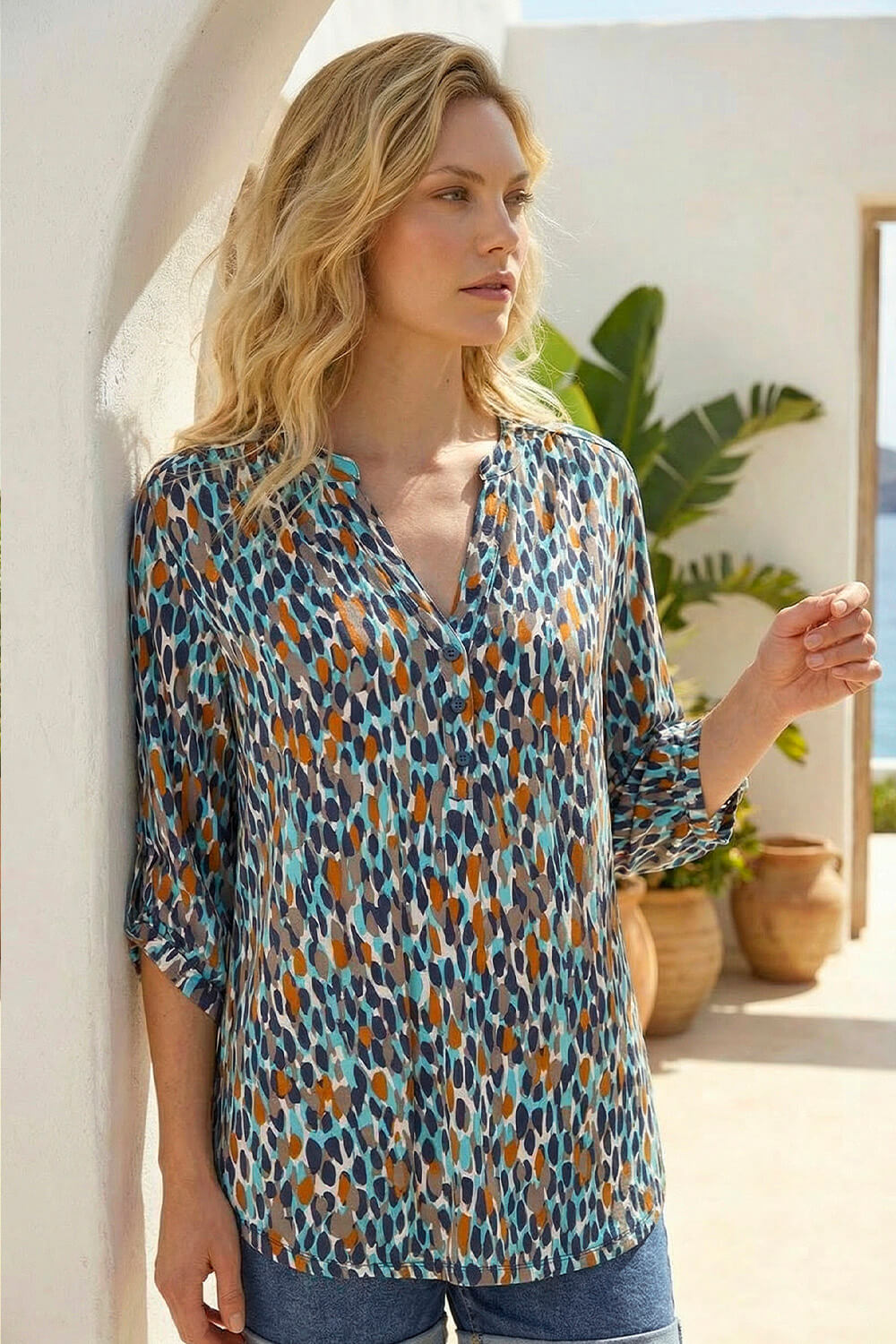 Navy Spot Print Notch Neck Shirt | Roman UK