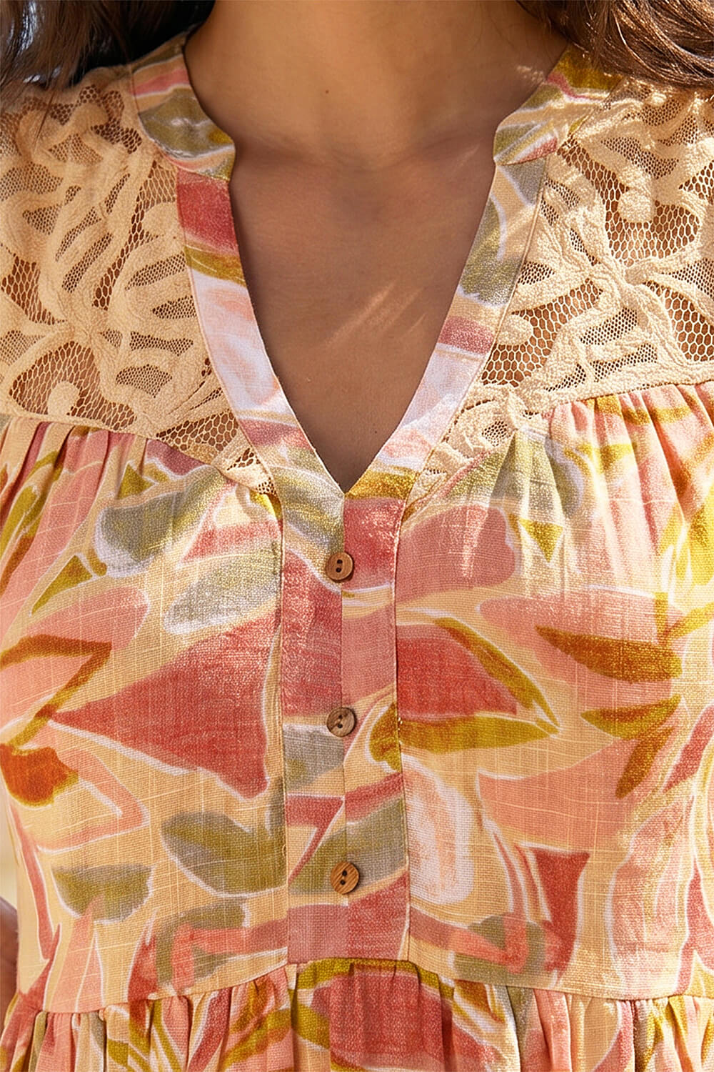 Peach Leaf Print Lace Detail Smock Dress, Image 5 of 4