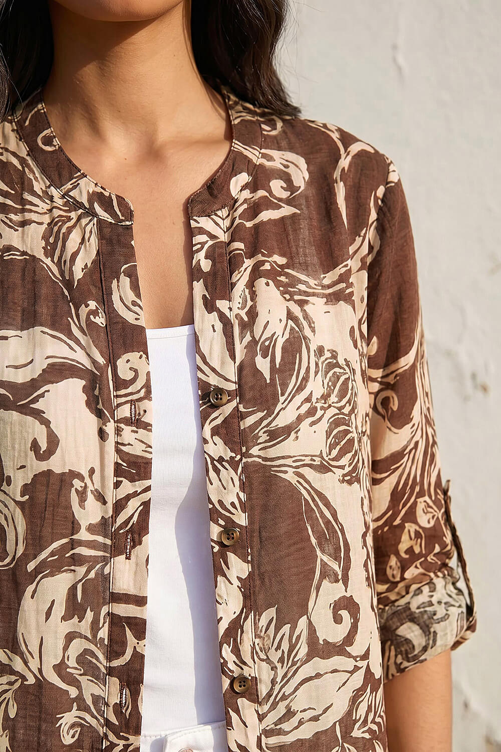 Chocolate Leaf Print Longline Button Blouse , Image 5 of 4