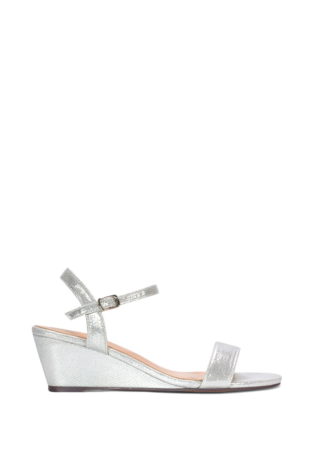 Silver XY LONDON Silver 'Alissa' Low Wedge Heel Sandals With Ankle Strap, Image 1 of 5