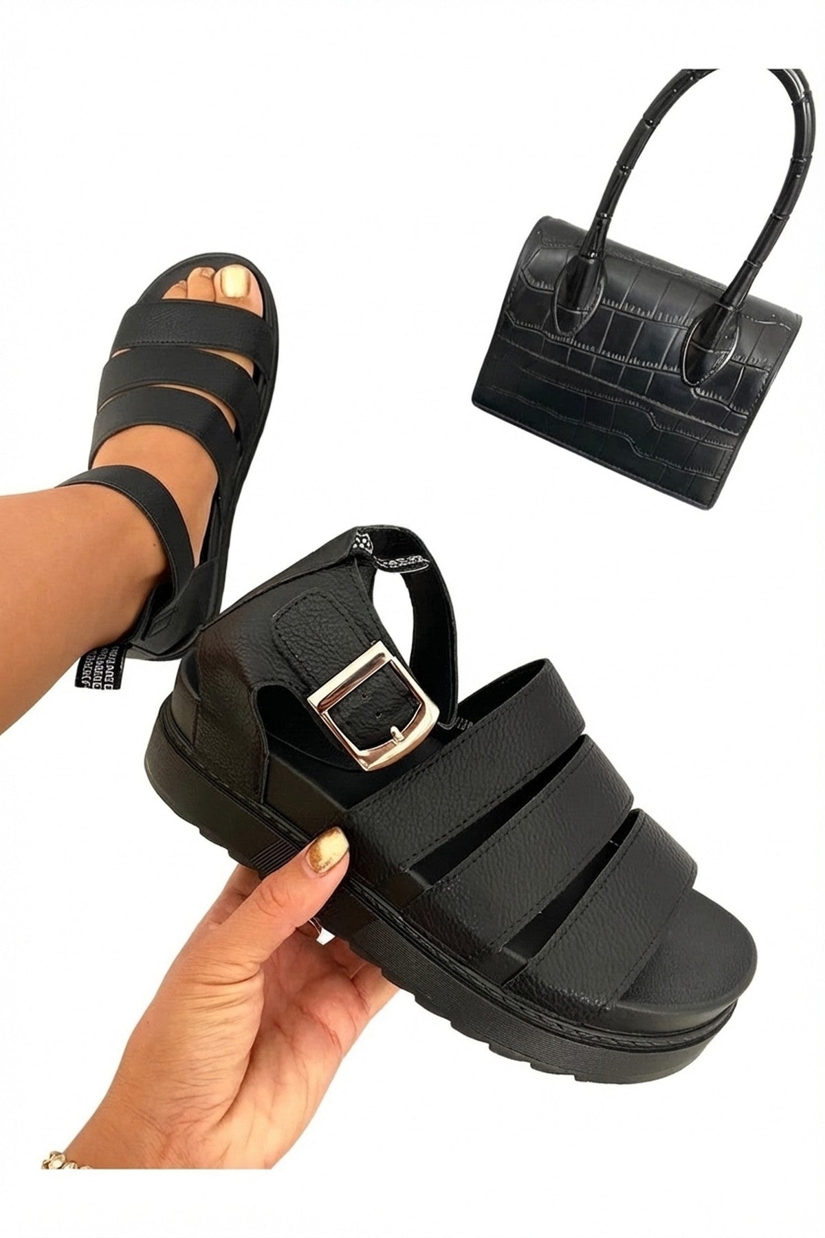 Black iKrush Black Callie Strappy Gladiator Chunky Sandals, Image 3 of 8