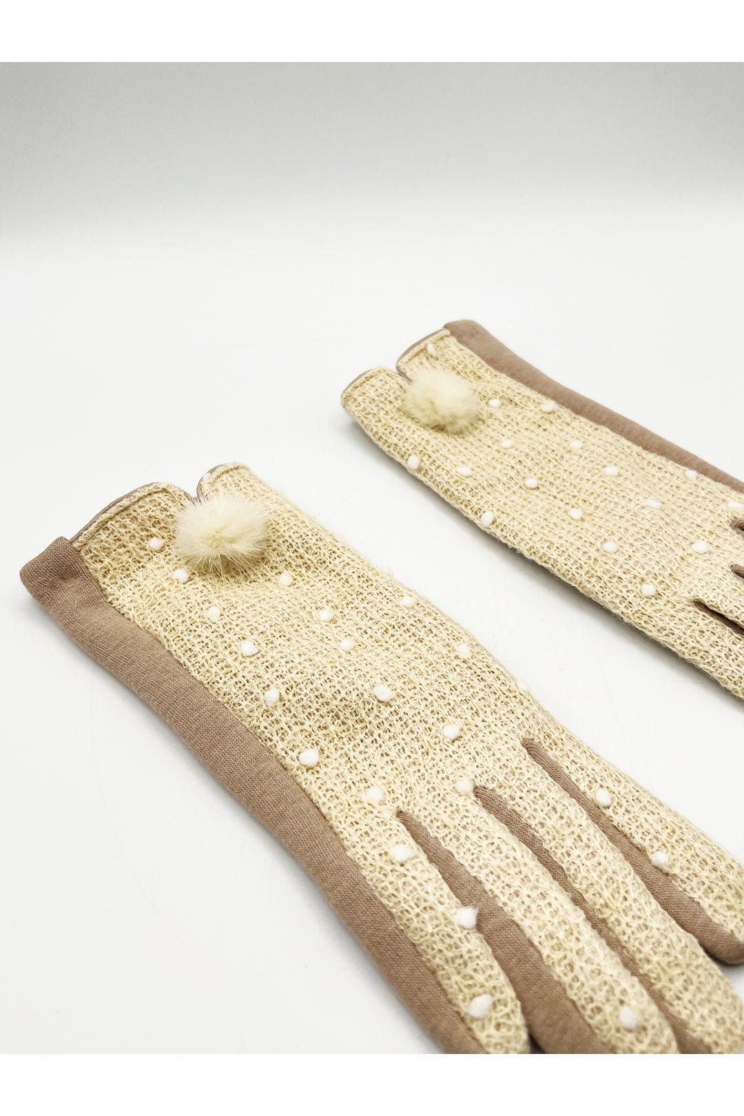 Beige Crochet Gloves With Pom Pom, Image 4 of 6