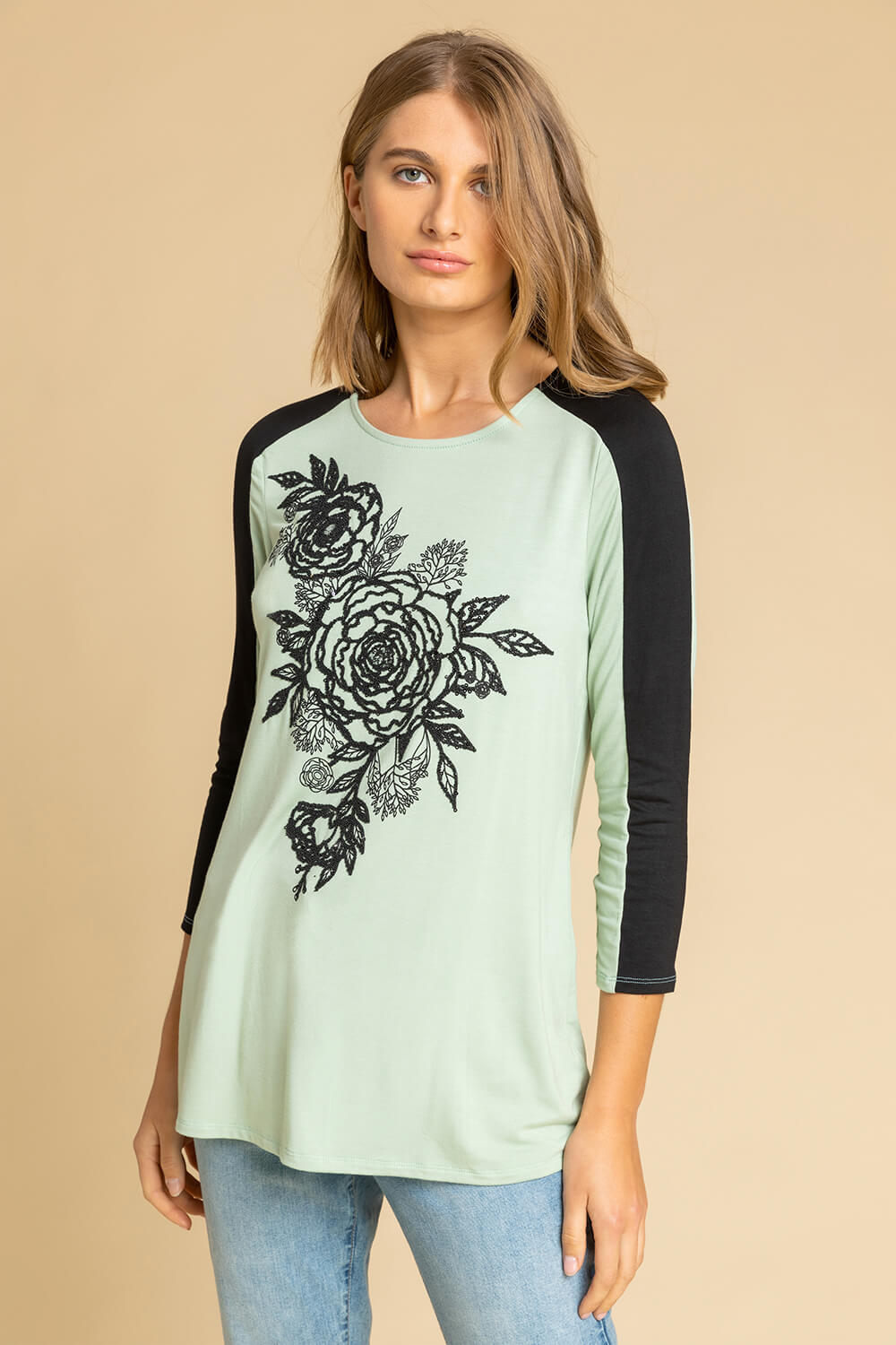 Sage Floral Embellished Contrast Print Top, Image 1 of 4