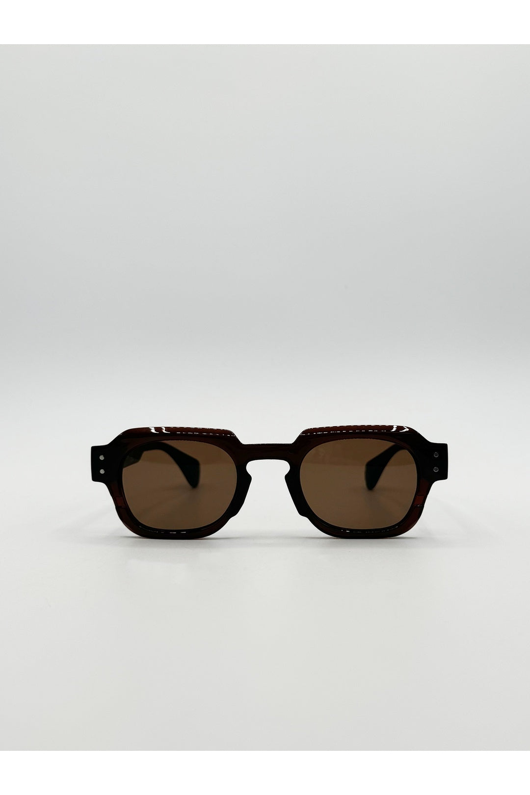 Brown Angular Wayfarer Style Sunglasses in Brown with Green Arms, Image 1 of 4