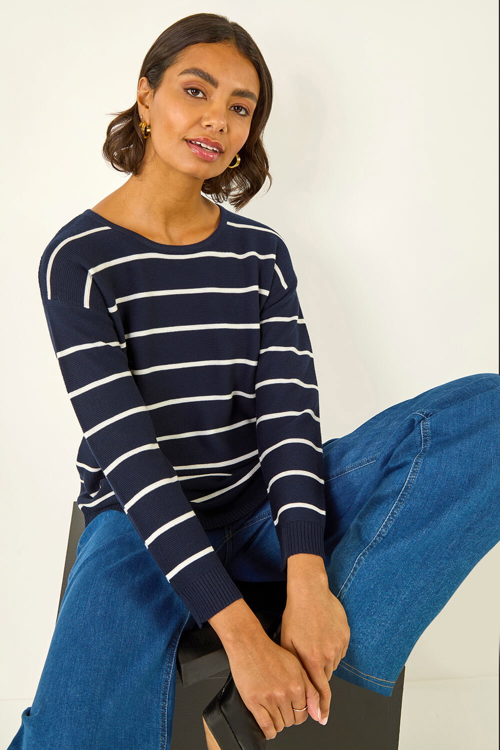 Roman Women's Navy Stripe Curved Hem Knit Jumper Size 10